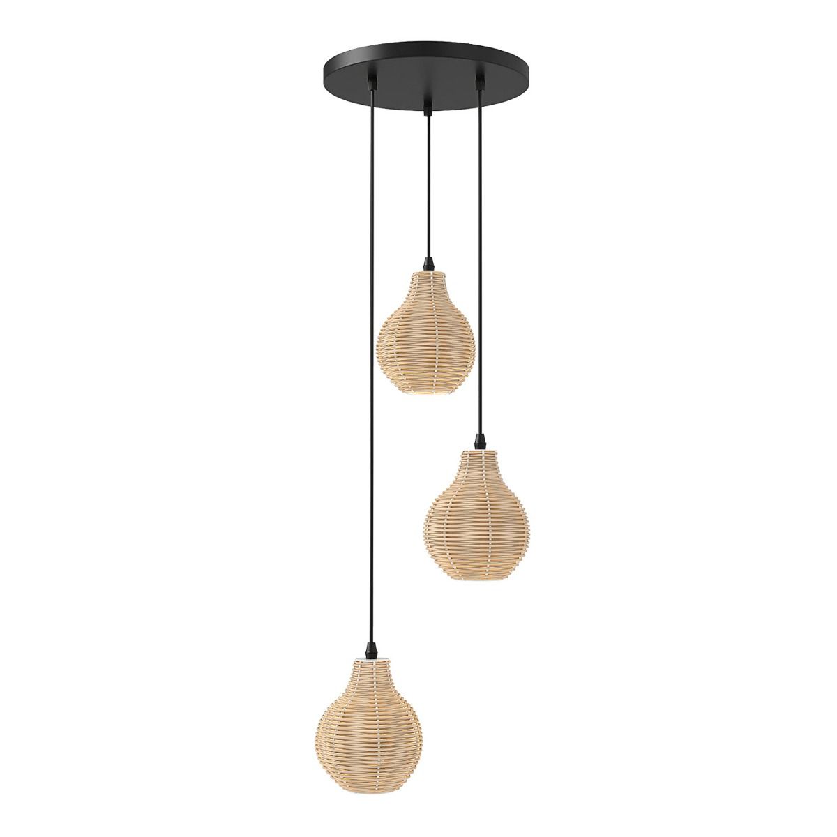 Lampa wisząca z 3 plecionymi rattanowymi kloszami