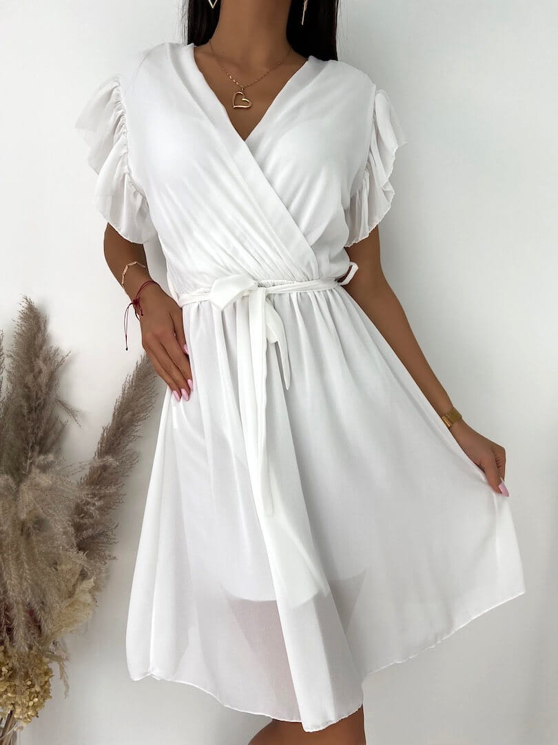 Sukienka Biała Sukienka z Ozdobnym Rękawkiem 8298-147-E