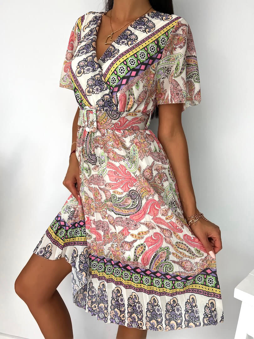 Sukienka Kremowa Sukienka w Koralowy Wzór 8164-527-D