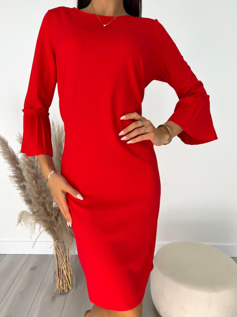 Sukienka Czerwona Sukienka z Plisowanym Rękawkiem 8368-241-H