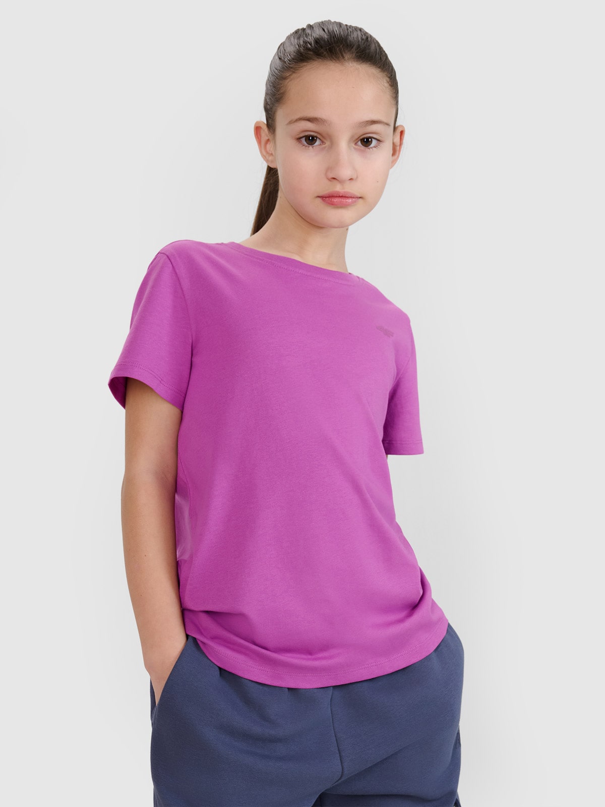 T-shirt regular gładki dziewczęcy - fioletowy 152 (11-12 lat)