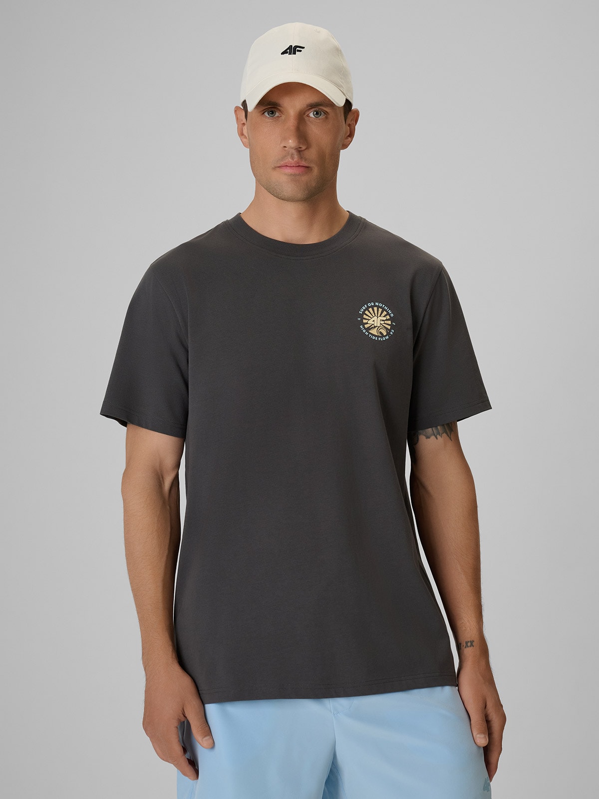 4F T-shirt regular z nadrukiem męski - szary S