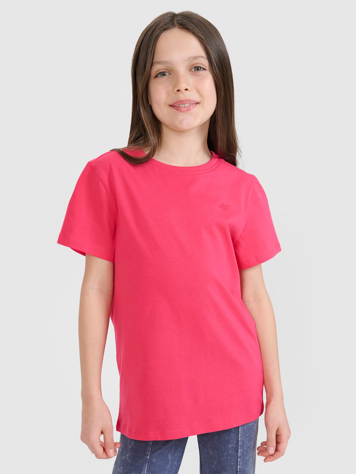 T-shirt regular gładki dziewczęcy - różowy 140 (9-10 lat)