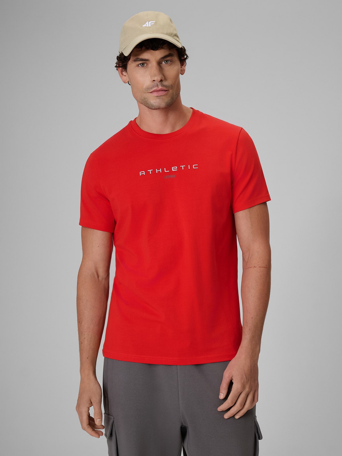 4F T-shirt slim z nadrukiem męski - czerwony M