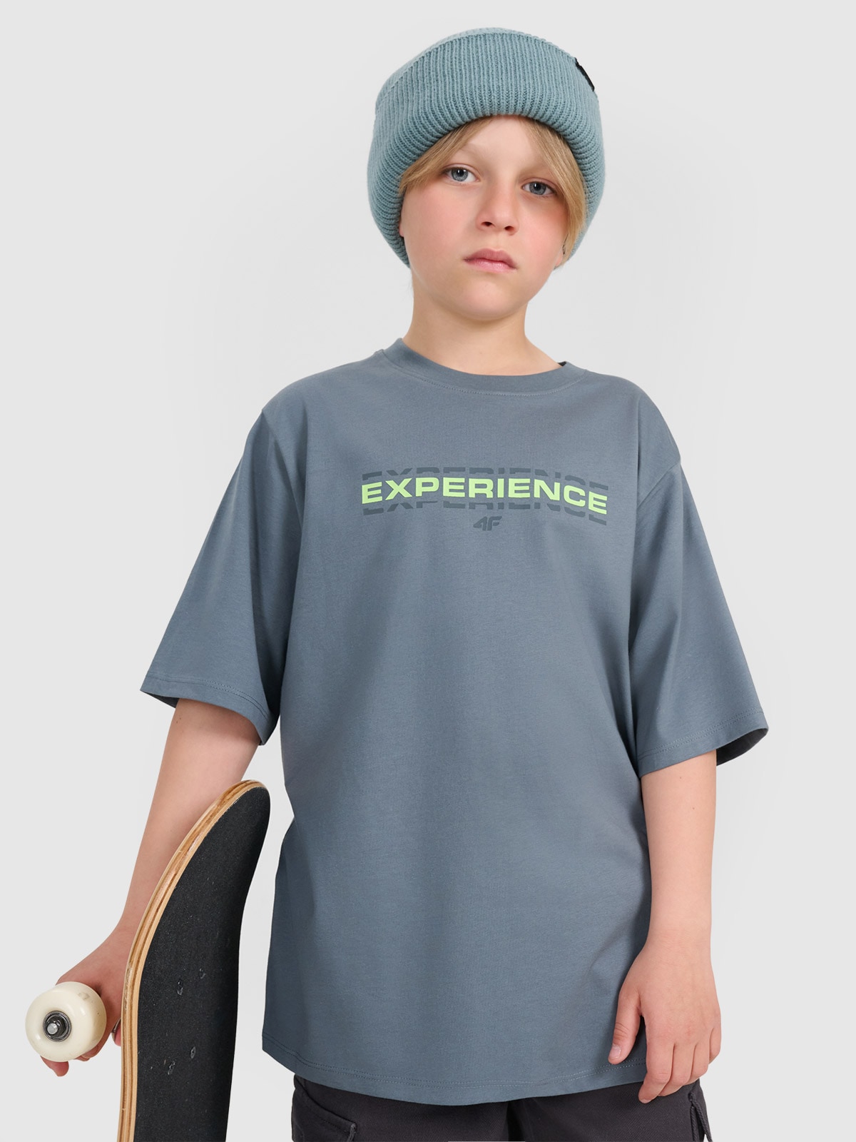 T-shirt oversize z nadrukiem chłopięcy - turkusowy 122/128 (6-8 lat)