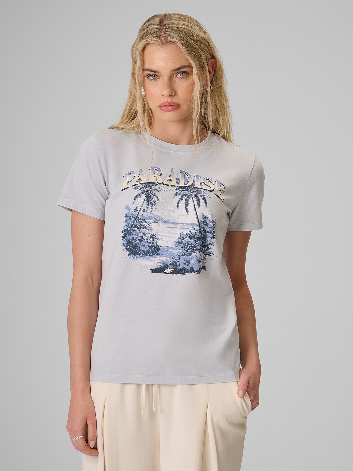 4F T-shirt regular z nadrukiem damski - niebieski XS