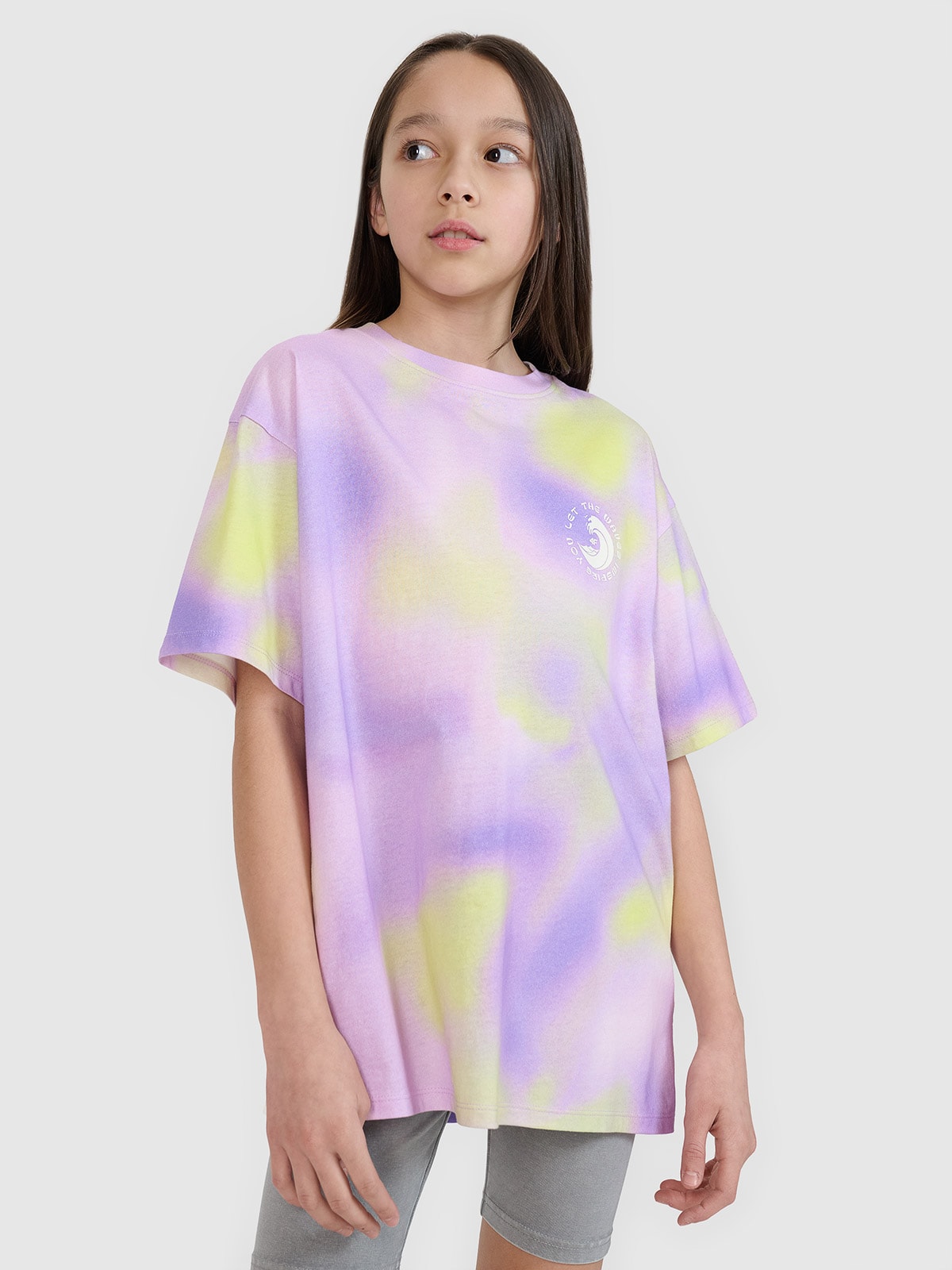 T-shirt oversize z nadrukiem dziewczęcy - fioletowy 140 (9-10 lat)