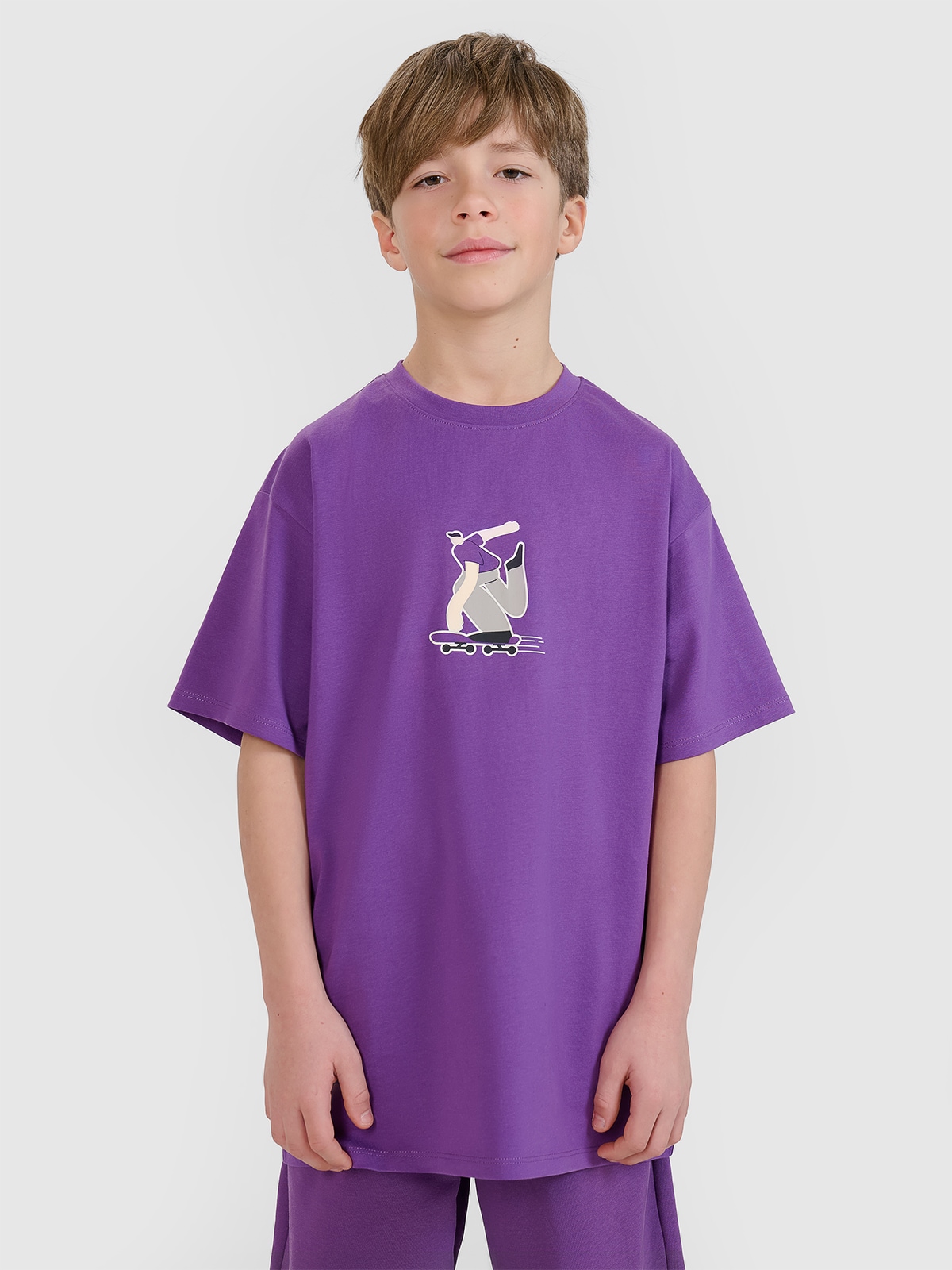 T-shirt oversize z nadrukiem chłopięcy - fioletowy 140 (9-10 lat)