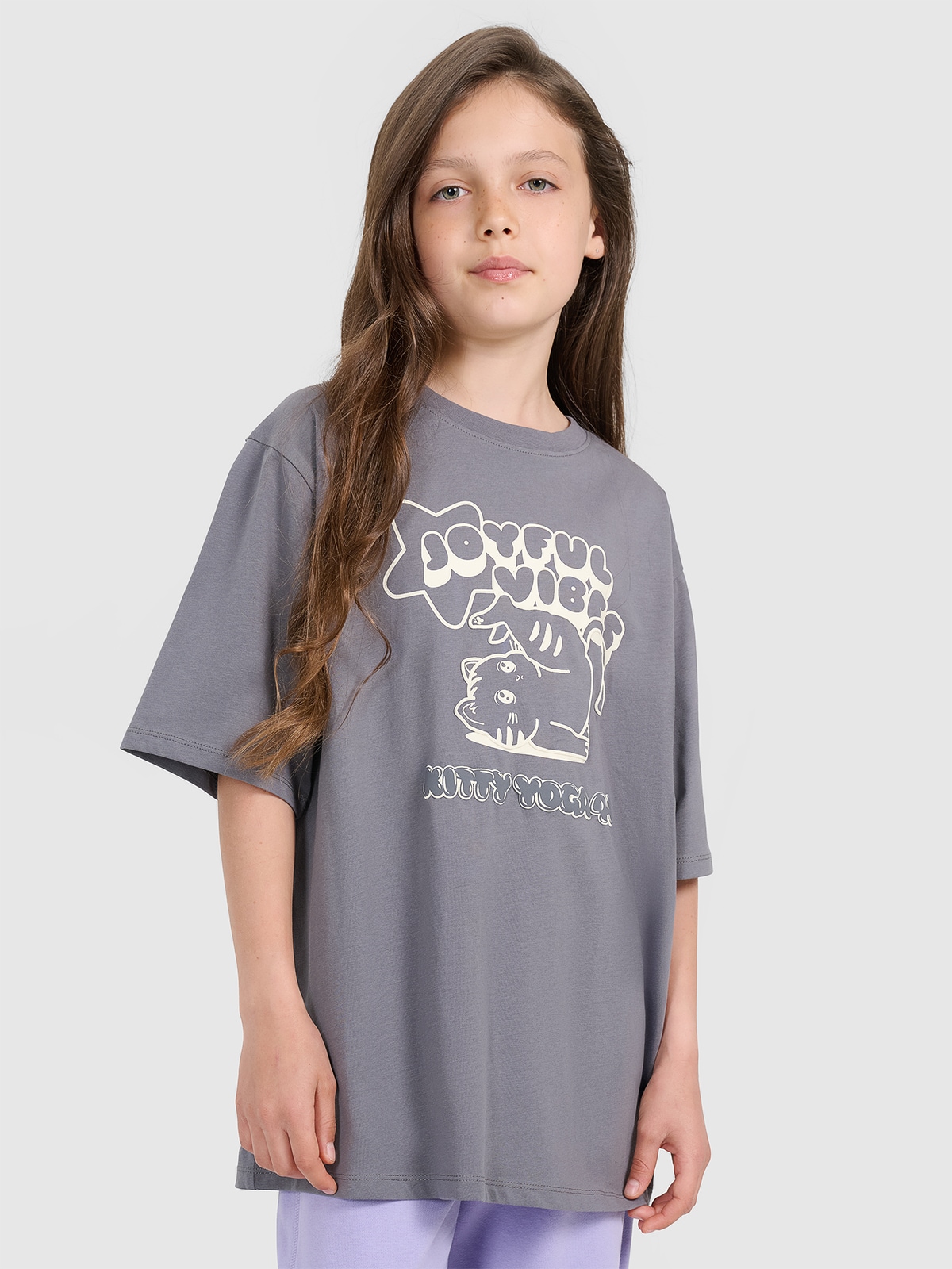 T-shirt oversize z nadrukiem dziewczęcy - szary 164 (13-14 lat)