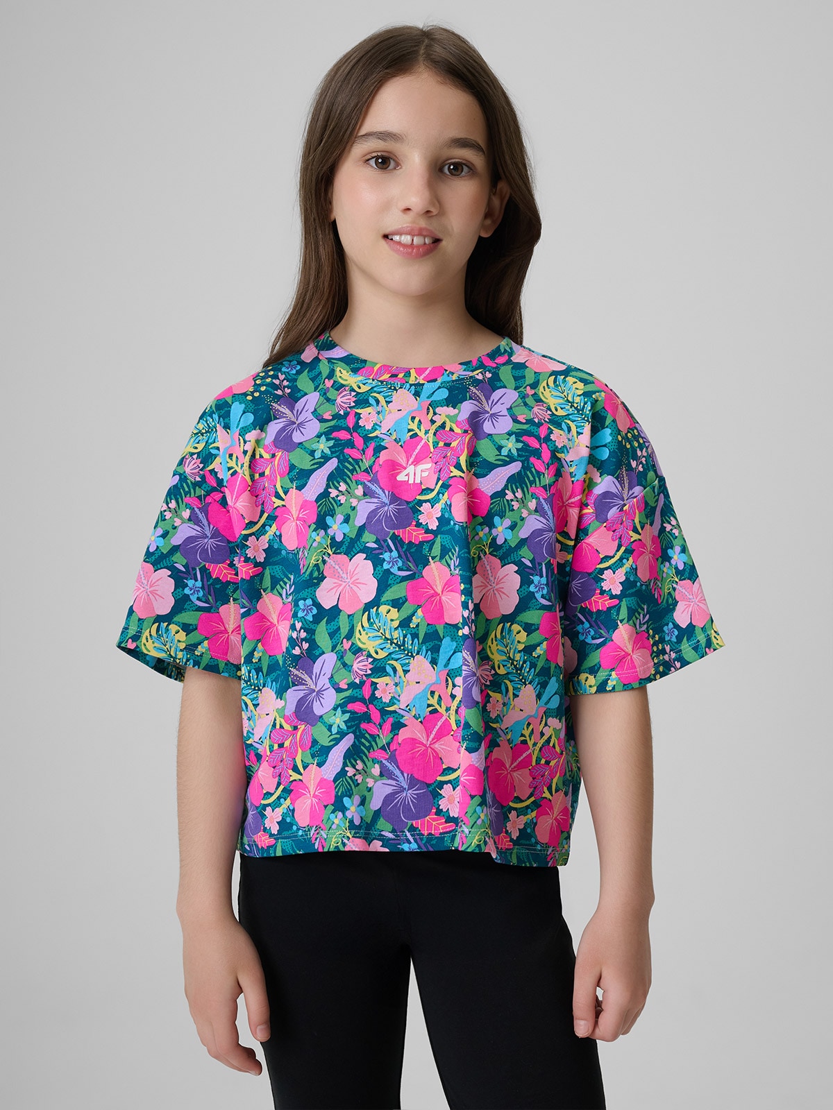 4F T-shirt boxy z nadrukiem dziewczęcy - multikolor 134/140 (8-10 lat)