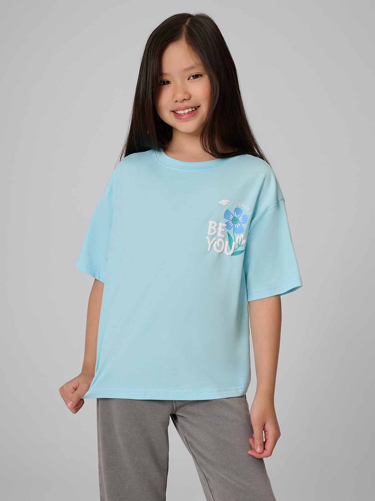 4F T-shirt boxy z nadrukiem dziewczęcy - niebieski 122/128 (6-8 lat)