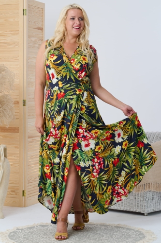 Sukienka Sukienka wygodna letnia long kopertowa FIORELLA kwiaty i palmy na granacie