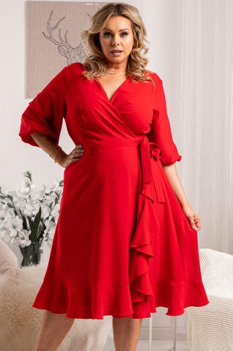 Sukienka Sukienka na święta kopertowa elegancka z falbanką IRIS wiązana czerwona