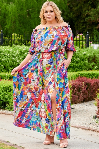 Sukienka Sukienka długa hiszpanka letnia z rozcięciem ASTRA kolorowe asymetryczne kwiaty