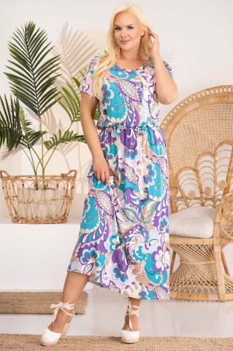 Sukienka Sukienka letnia przewiewna dzianina wiskozowa IWONA niebiesko-fioletowe wzory