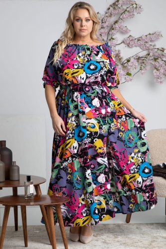 Sukienka Sukienka letnia zwiewna hiszpanka długa z rozcięciem ASTRA fioletowe duże mazaje na czarnym tle