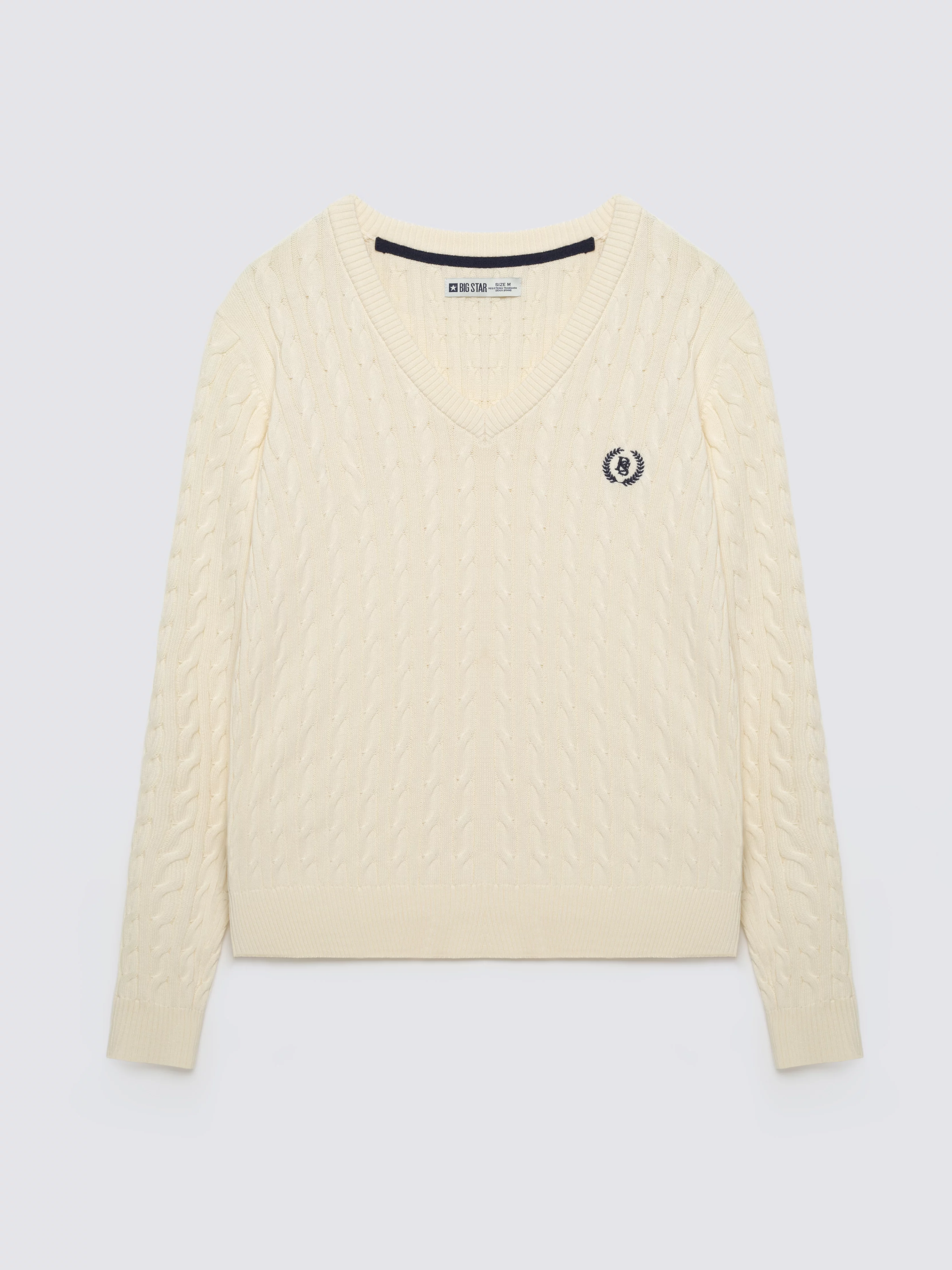 Sweter damski ze splotem warkoczowym z dekoltem v-neck kremowy Nisa 100