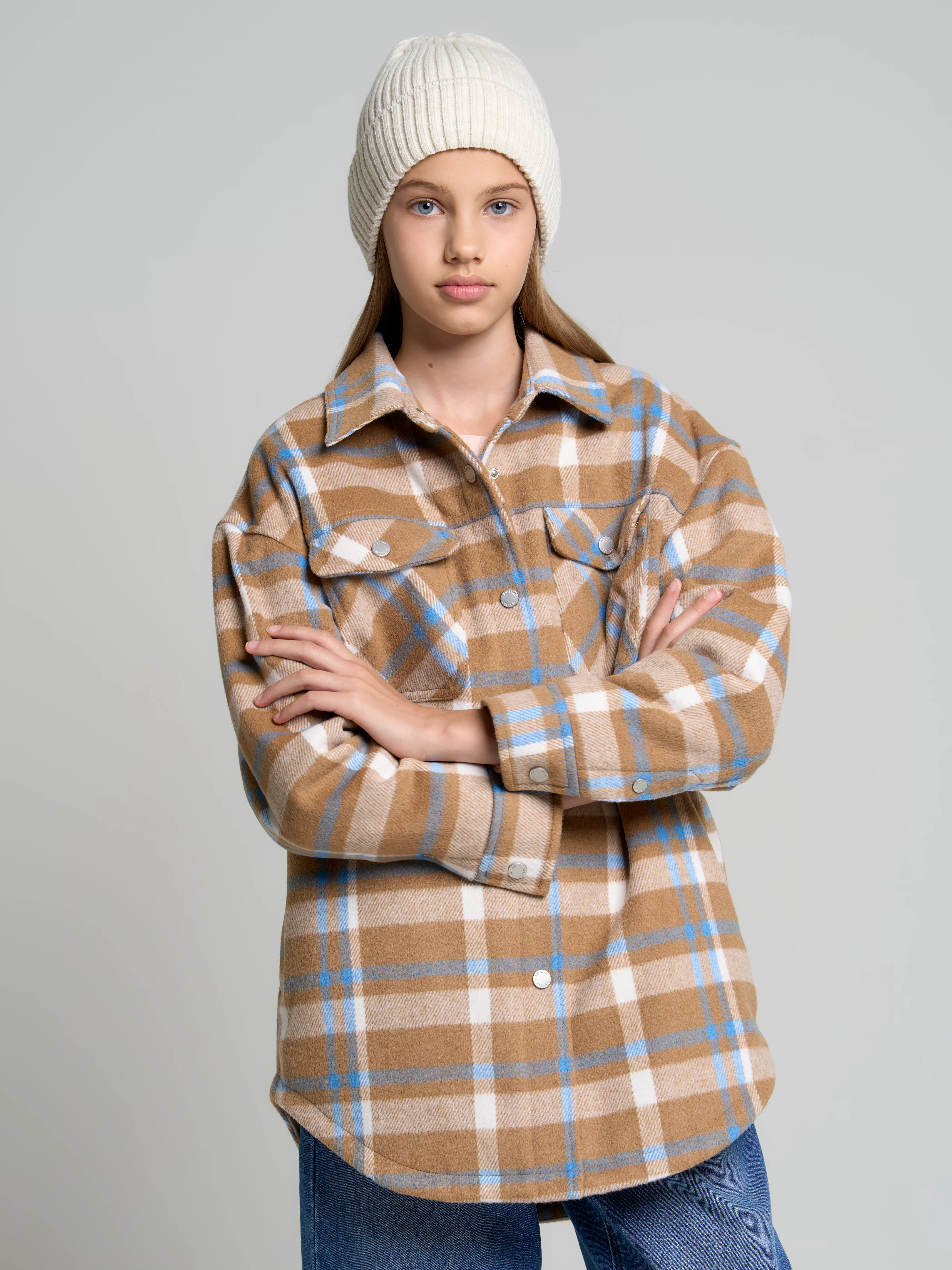 Kurtka koszulowa dziewczęca w kratę beżowa Miriami 801