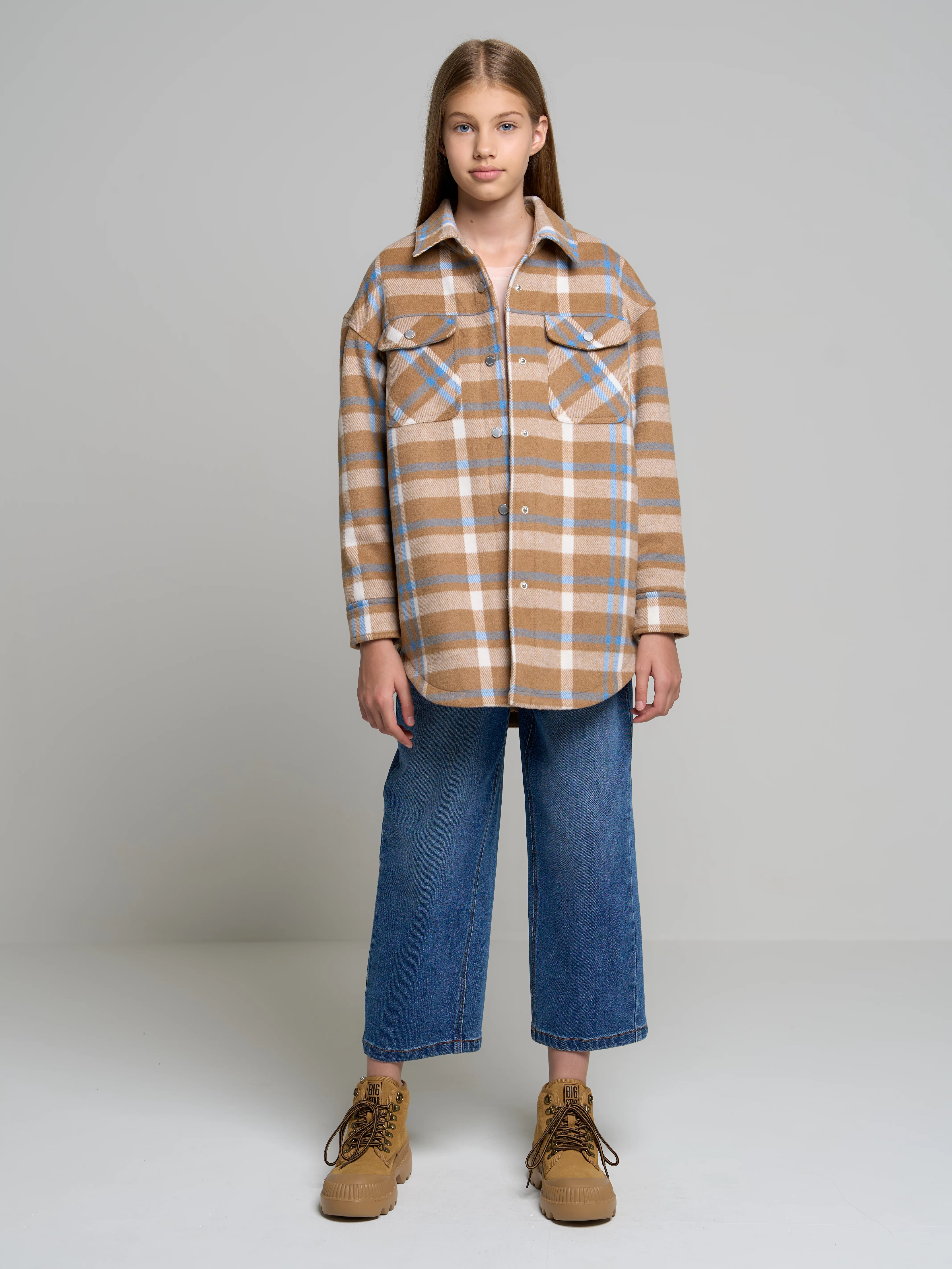 Kurtka koszulowa dziewczęca w kratę beżowa Miriami 801
