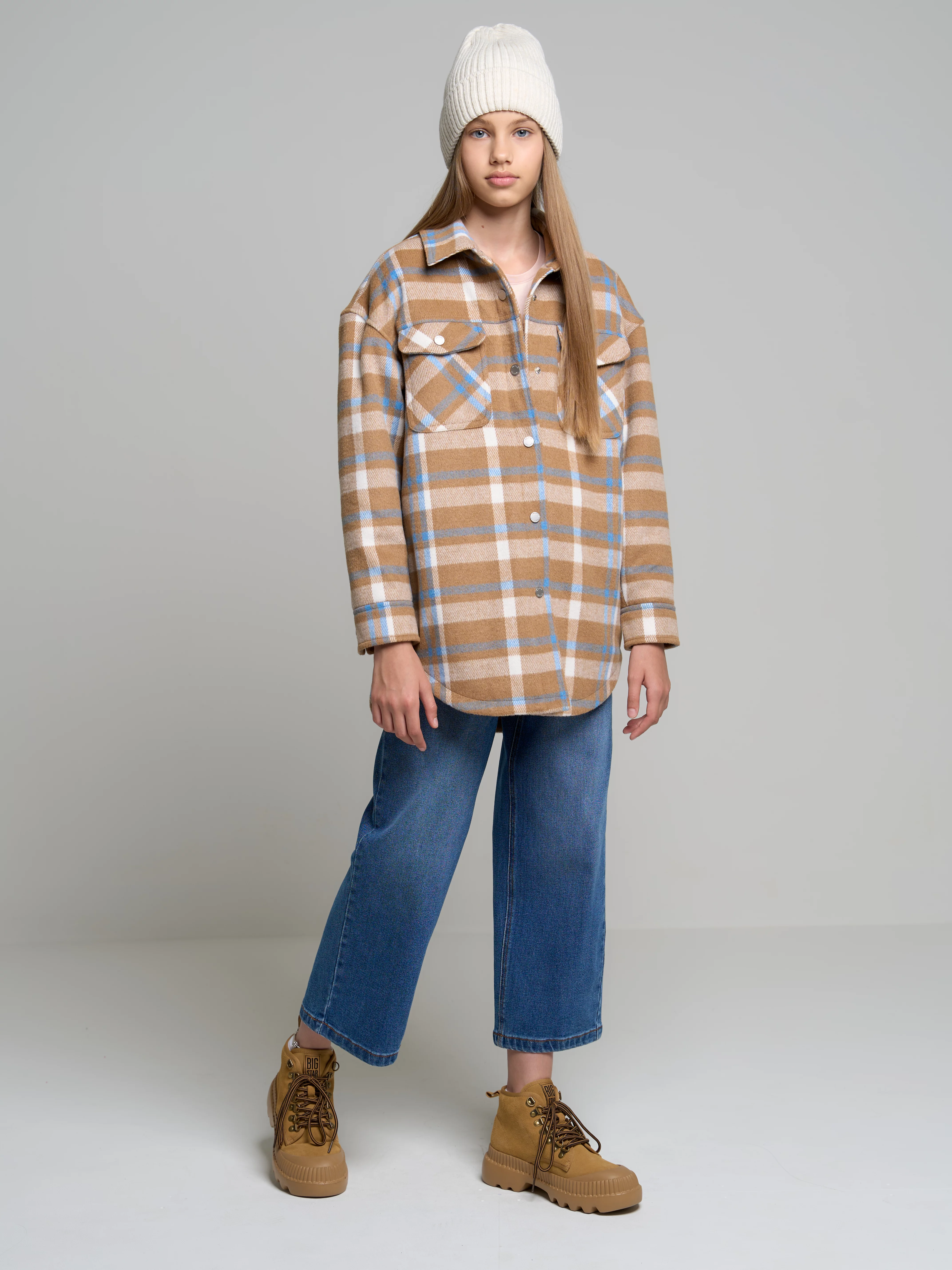 Kurtka koszulowa dziewczęca w kratę beżowa Miriami 801