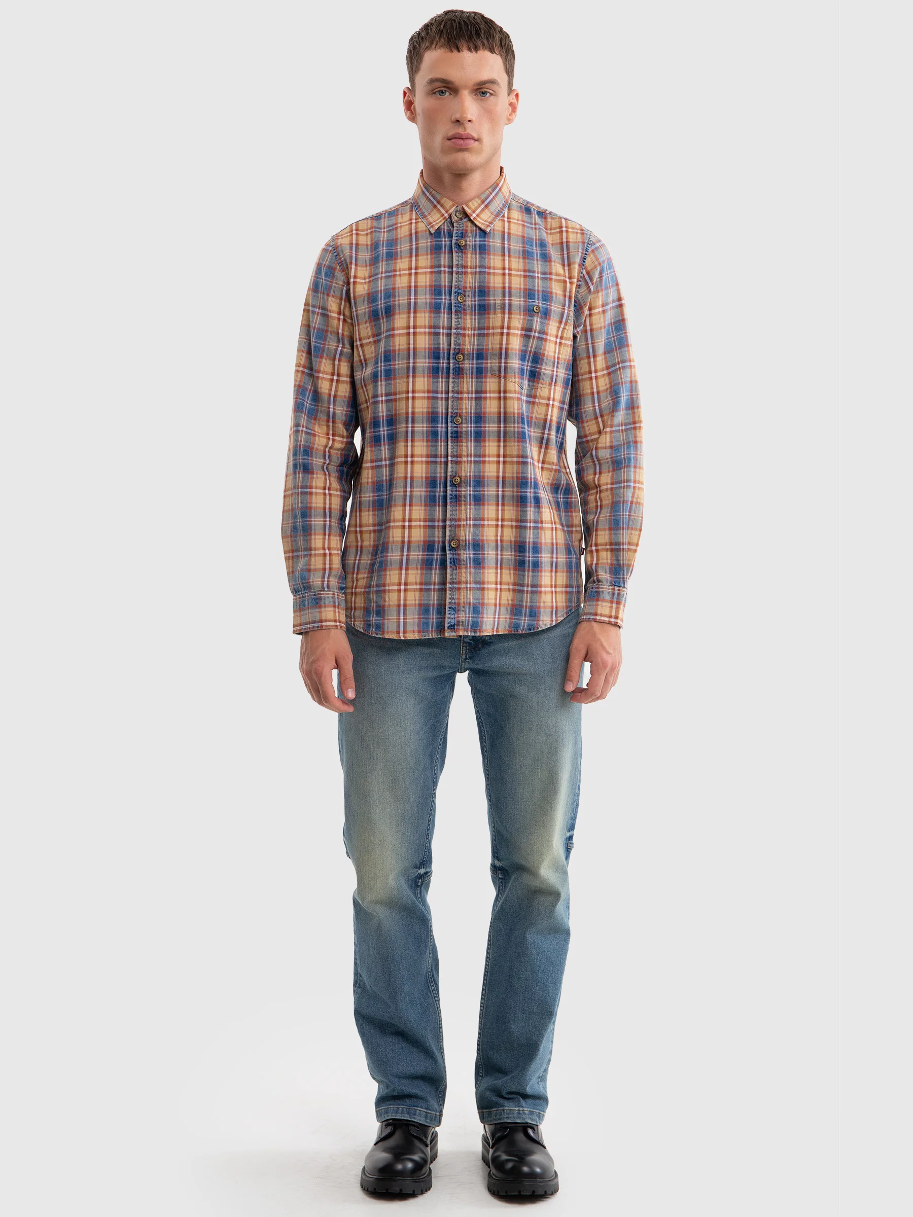 Koszula męska bawełniana w kratę granatowo-pomaraŅczową Indigis 402