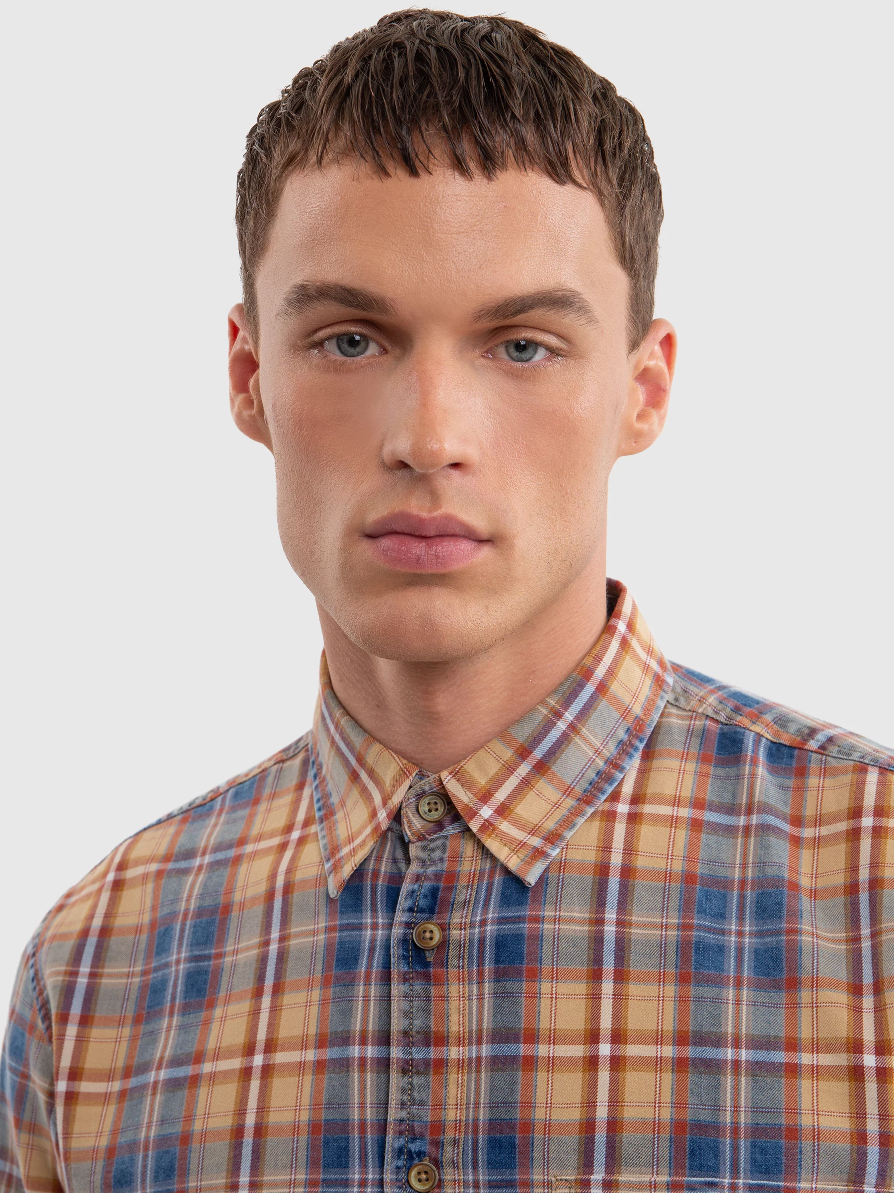 Koszula męska bawełniana w kratę granatowo-pomaraŅczową Indigis 402