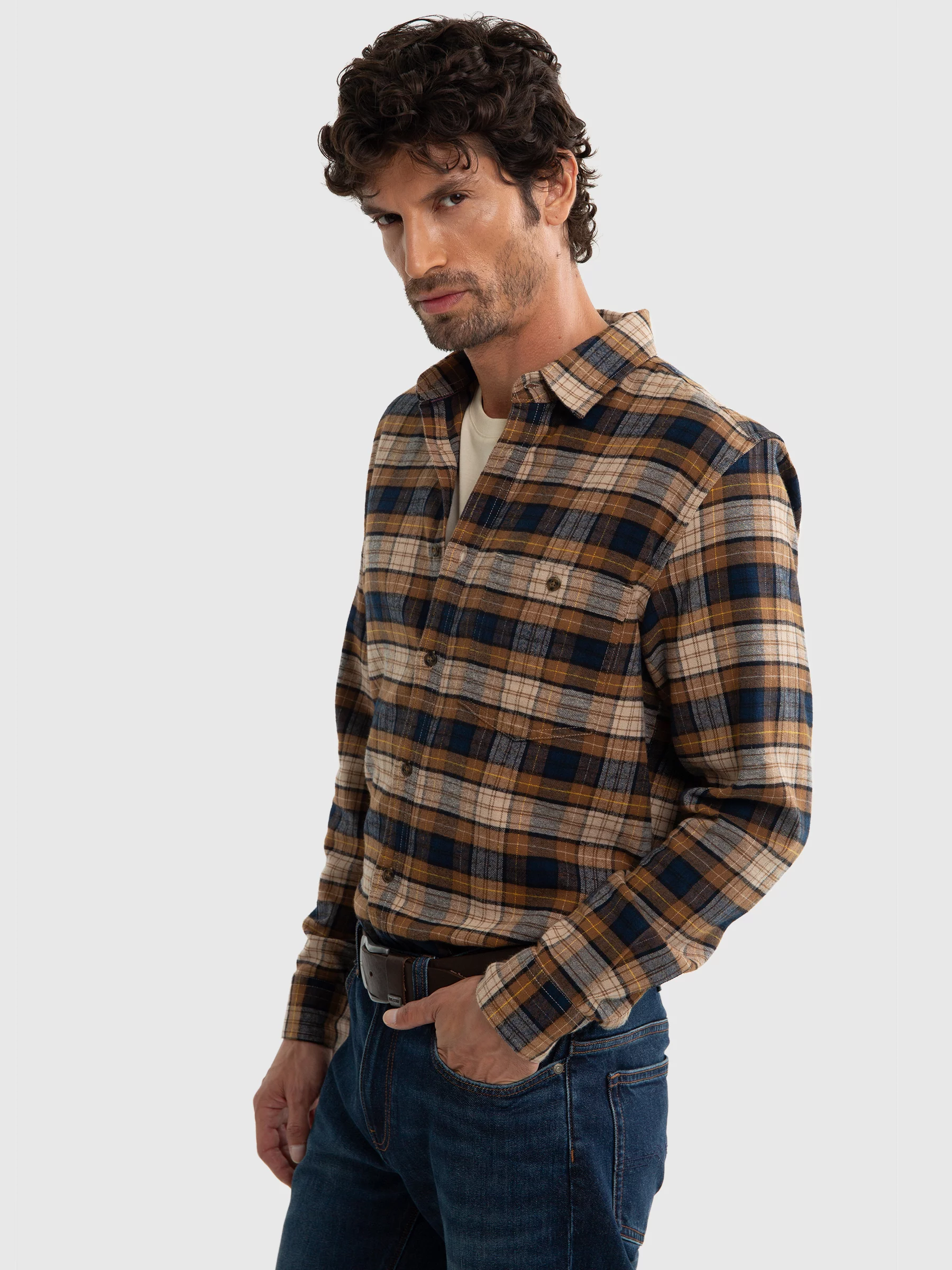 Koszula męska flanelowa w kratę brązowa Flanen 803