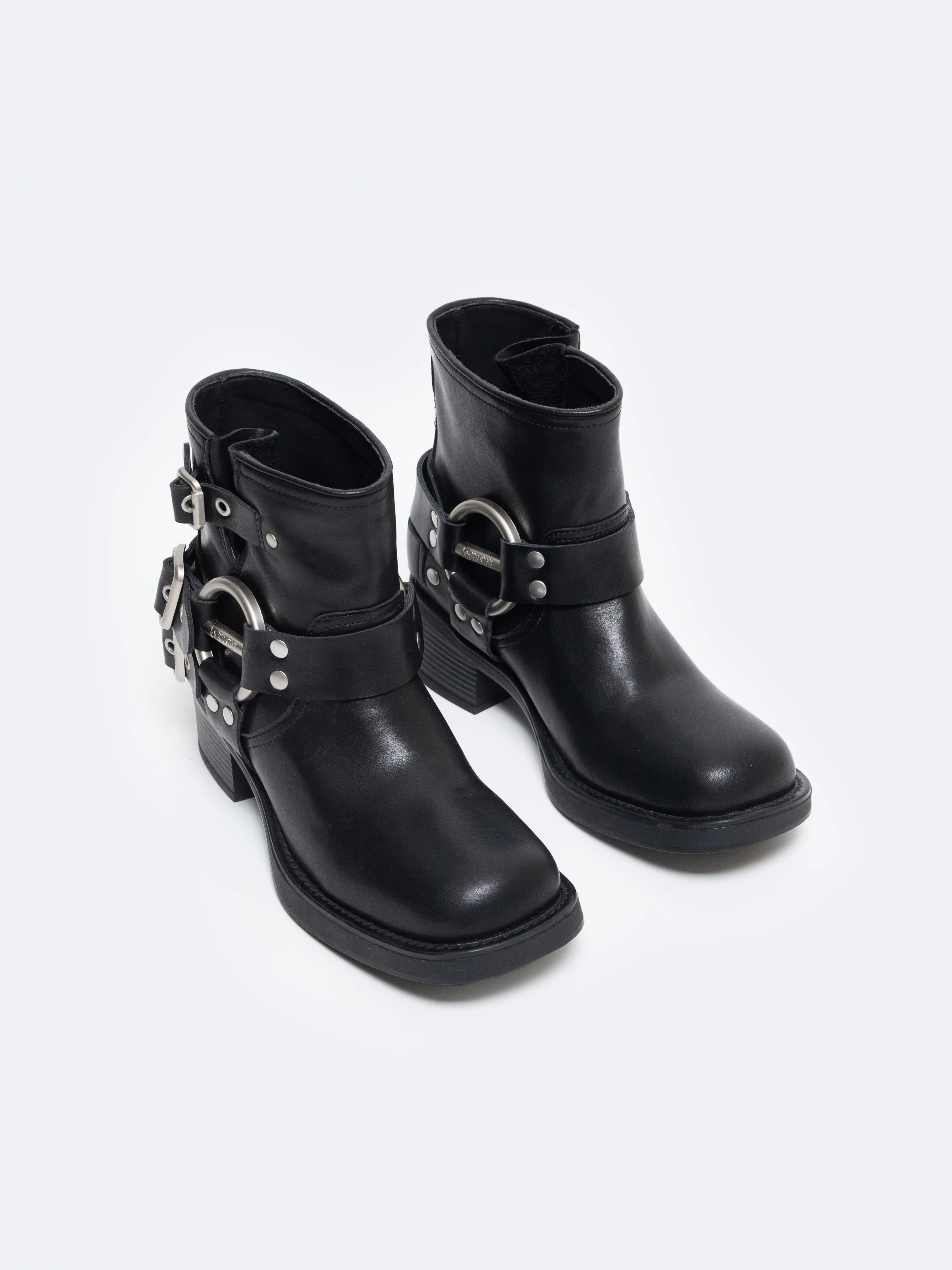 Botki damskie ze skóry naturalnej z ozdobnymi sprzączkami czarne OO274A190 906