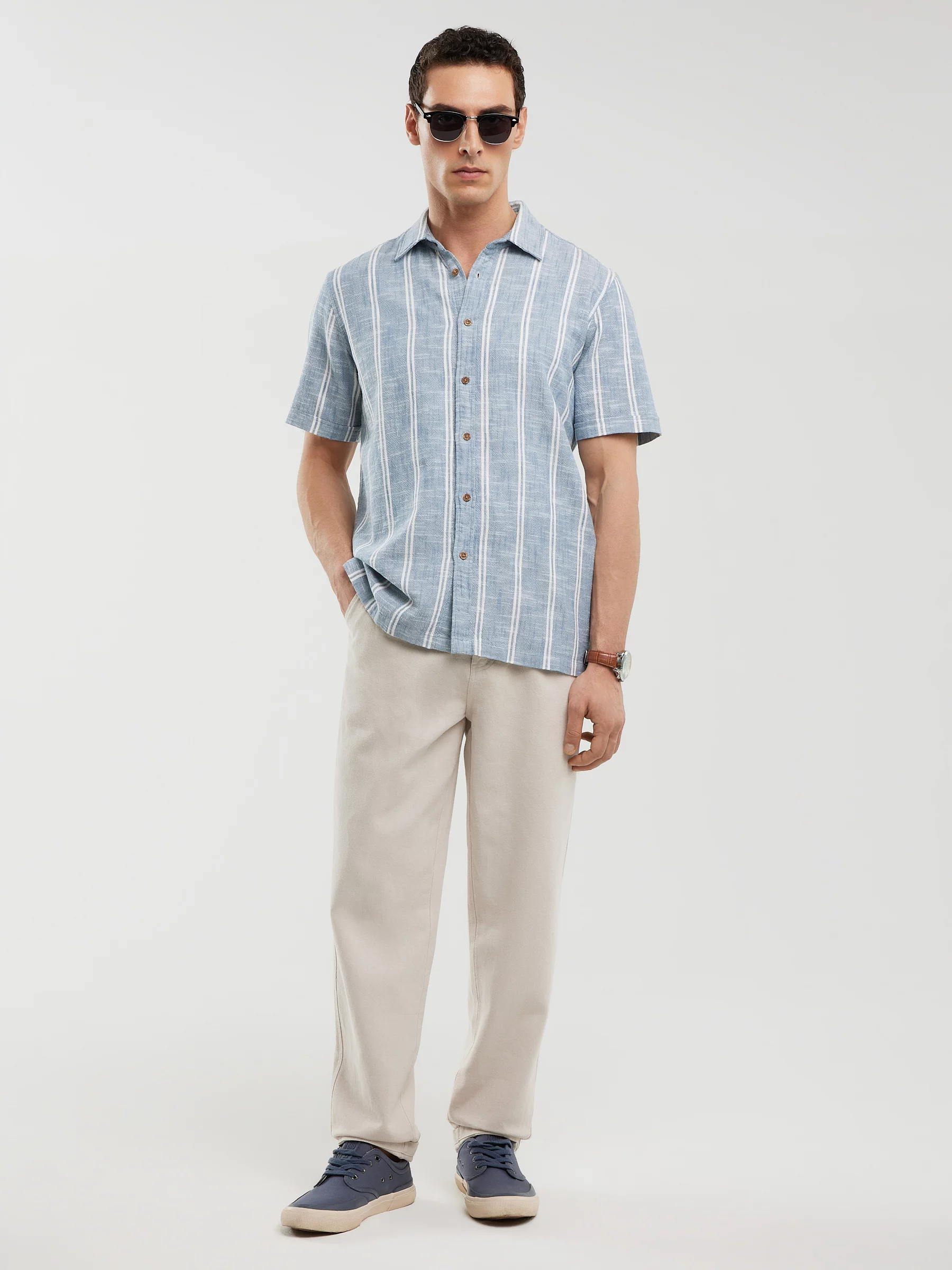 Koszula męska bawełniana w pasy niebieska Luizner 401