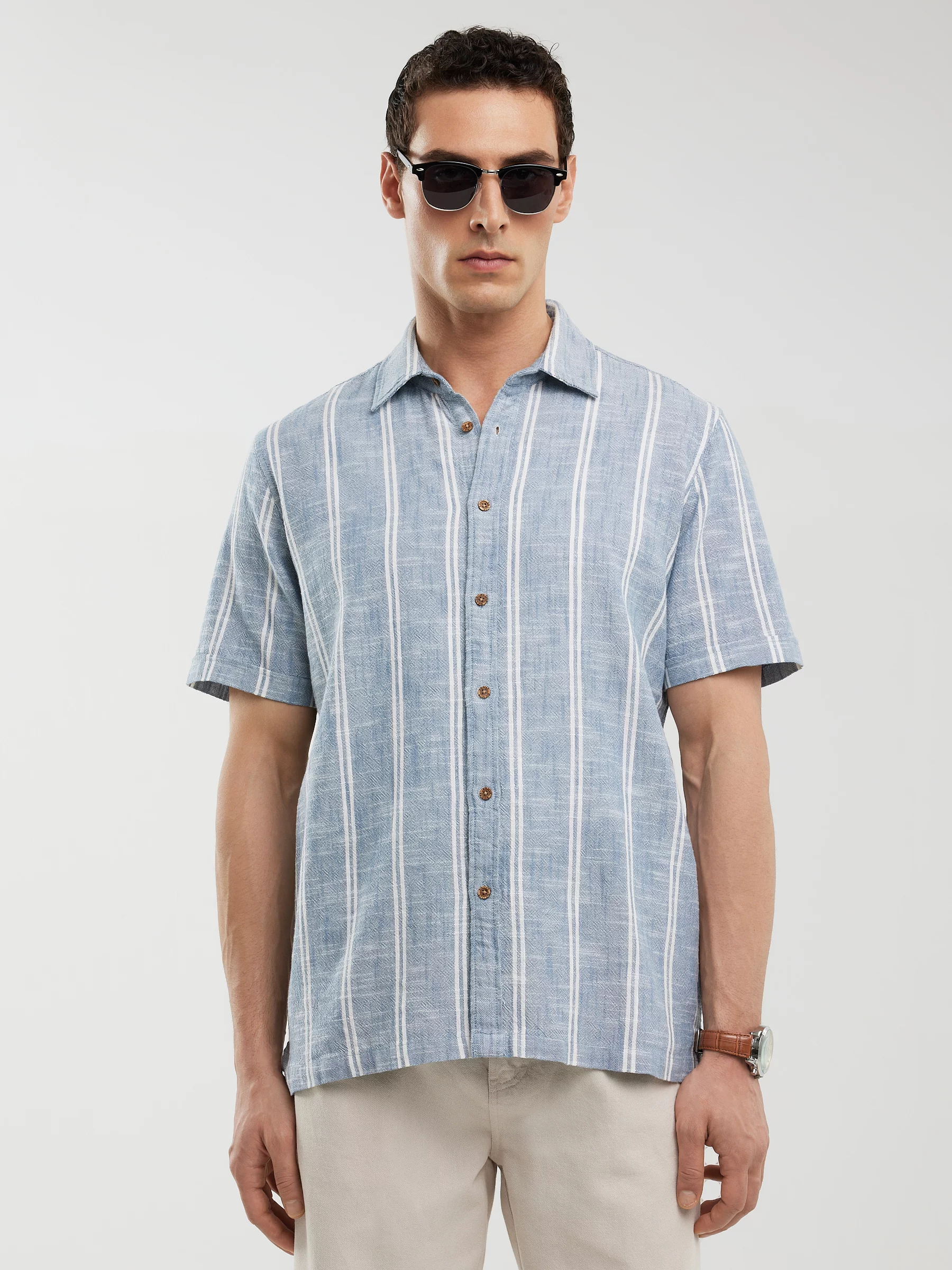 Koszula męska bawełniana w pasy niebieska Luizner 401