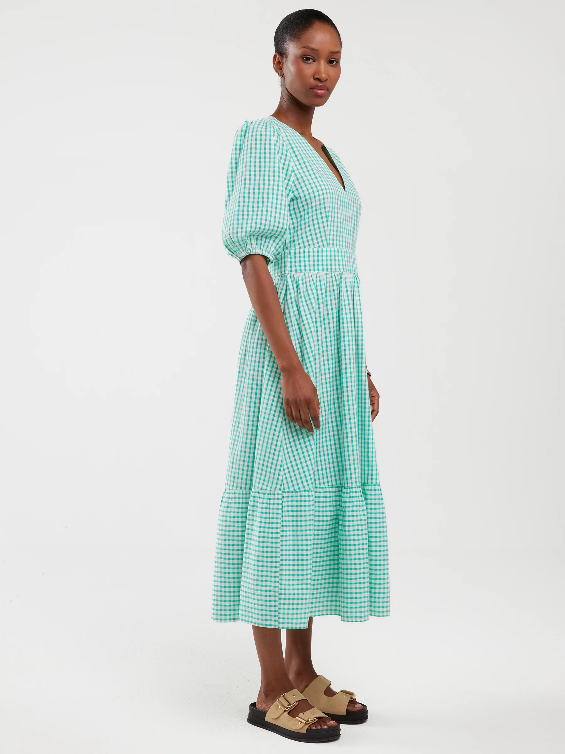 Sukienka damska midi w drobną kratkę z wiązaniem na plecach turkusowa Tiko 302