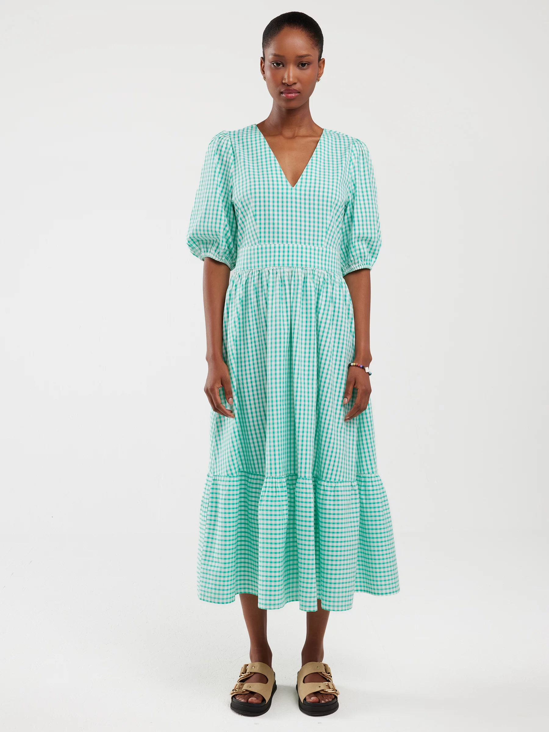 Sukienka damska midi w drobną kratkę z wiązaniem na plecach turkusowa Tiko 302