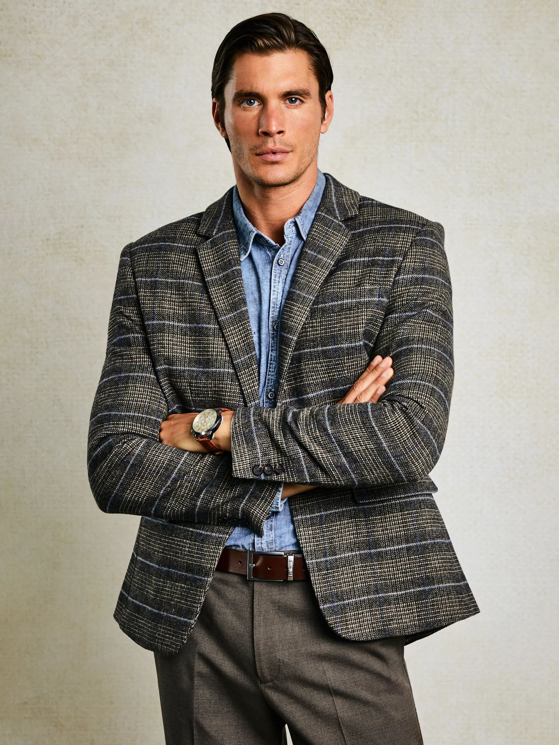 Marynarka męska z dodatkiem wełny w kratę brązowa Filo 803