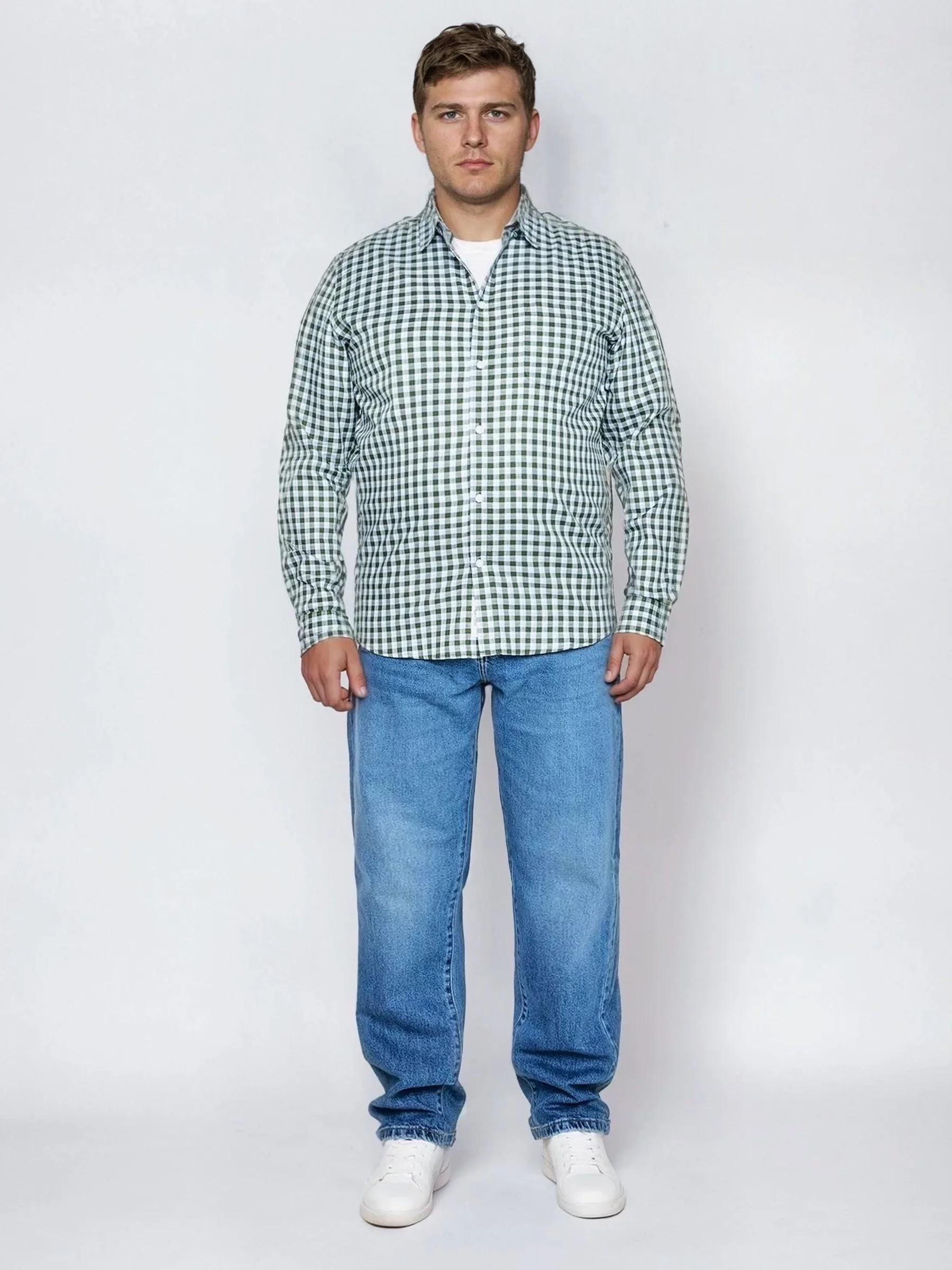 Koszula męska bawełniana w kratę zielono-białą Frankinis 303