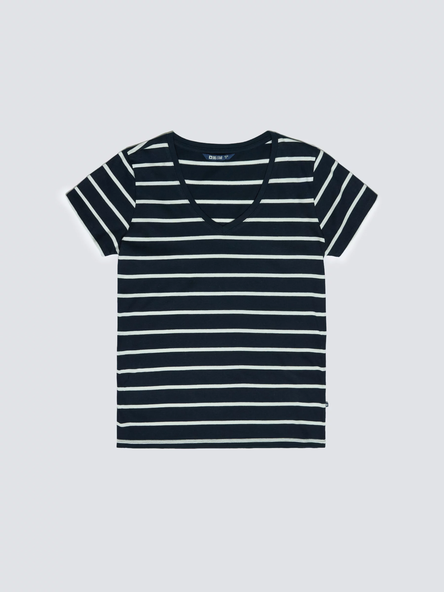 Koszulka damska z dekoltem v-neck w paski granatowa Retina 403