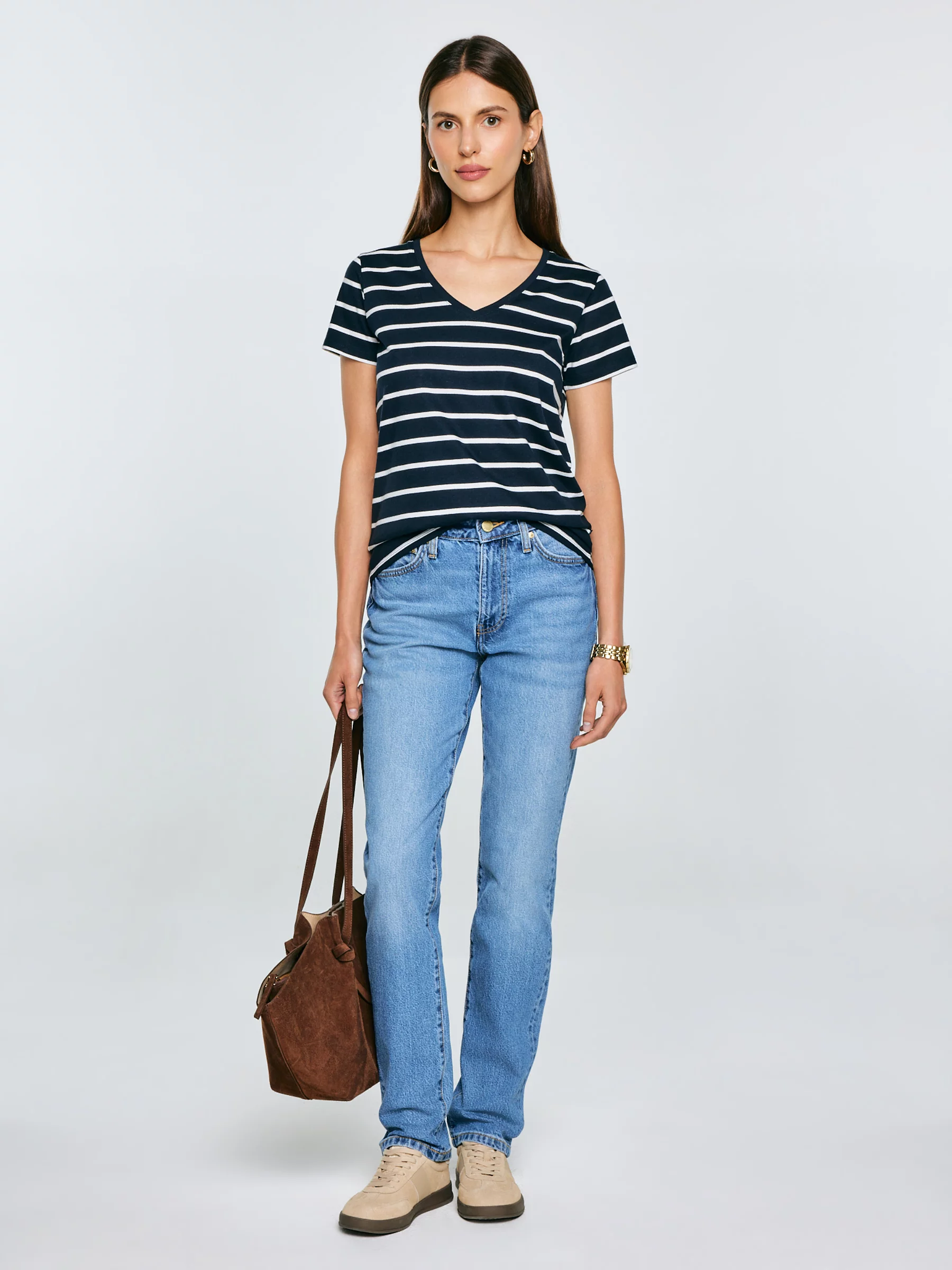 Koszulka damska z dekoltem v-neck w paski granatowa Retina 403