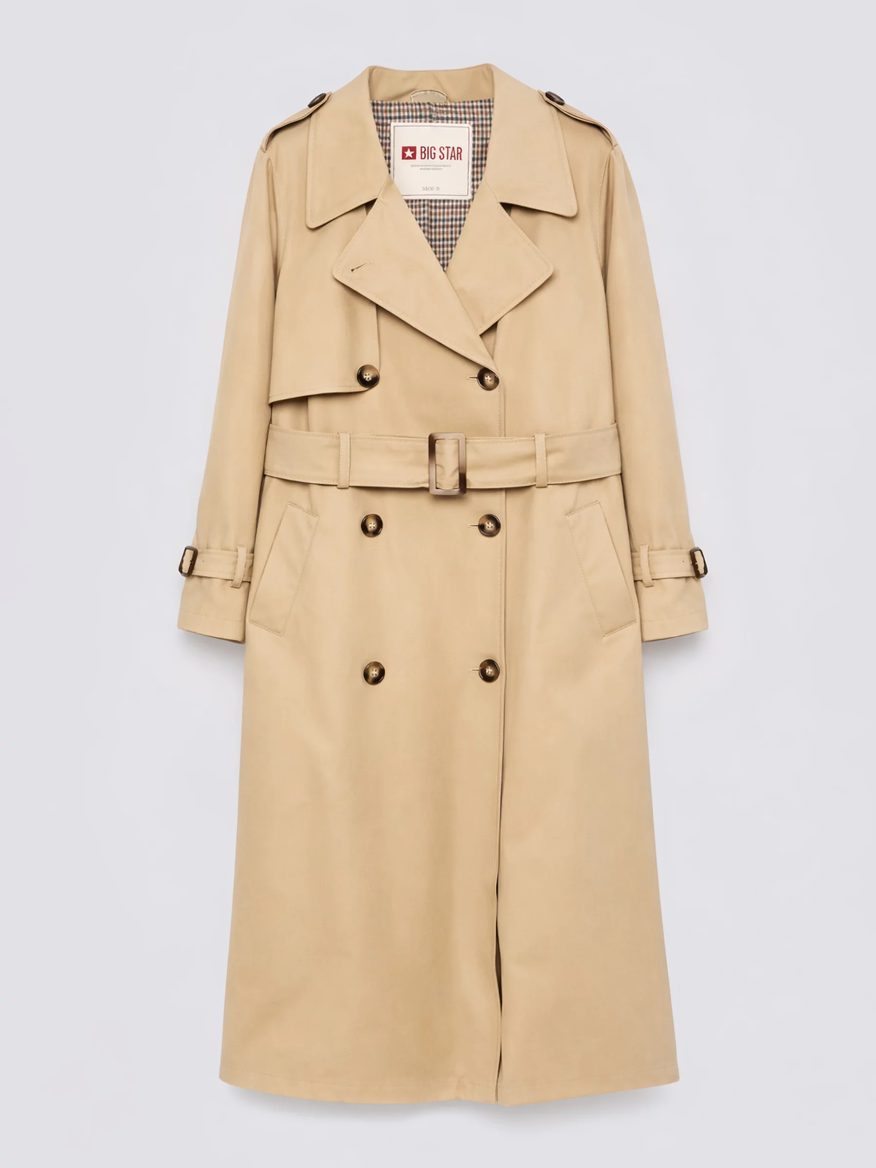 Trencz damski dwurzędowy z paskiem beżowy Retinsa 801