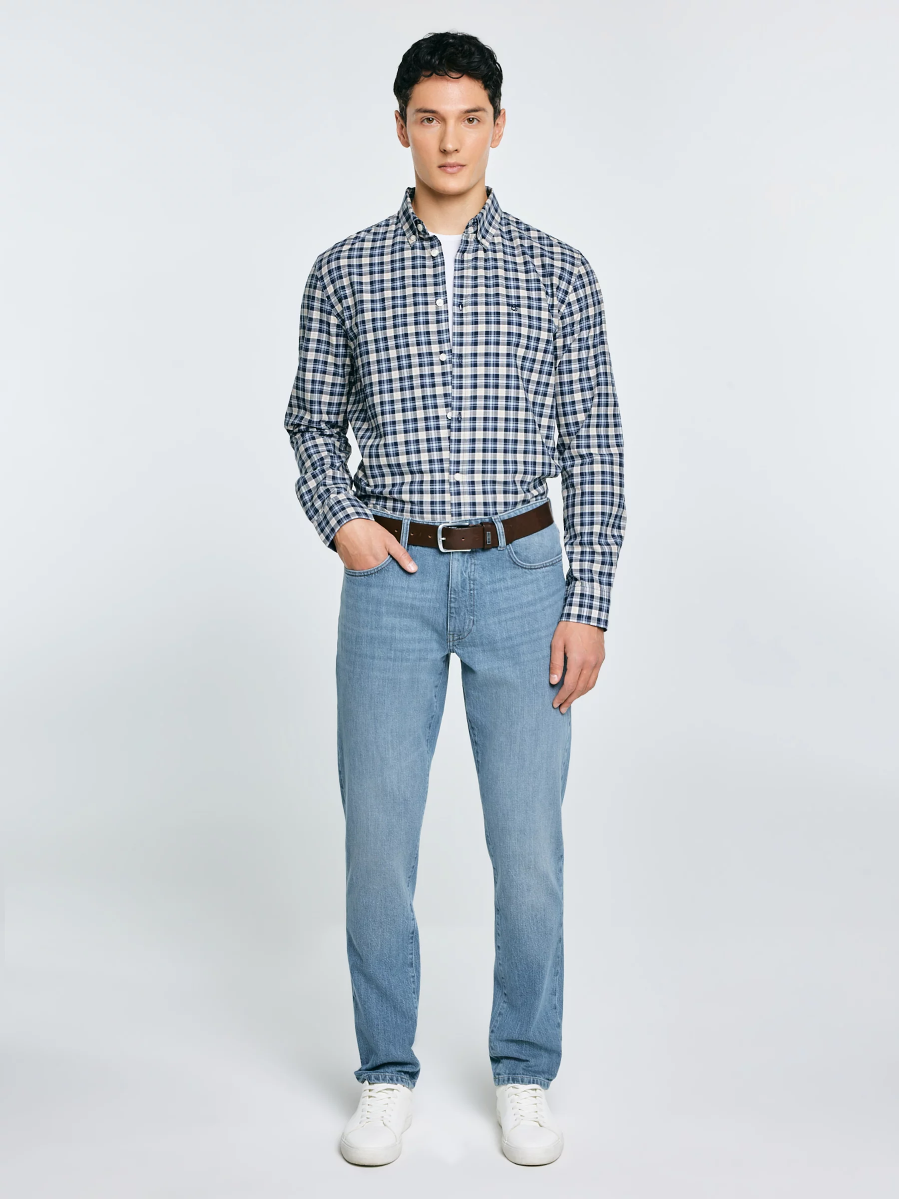 Koszula męska bawełniana w kratę granatowa Gibbineros 402