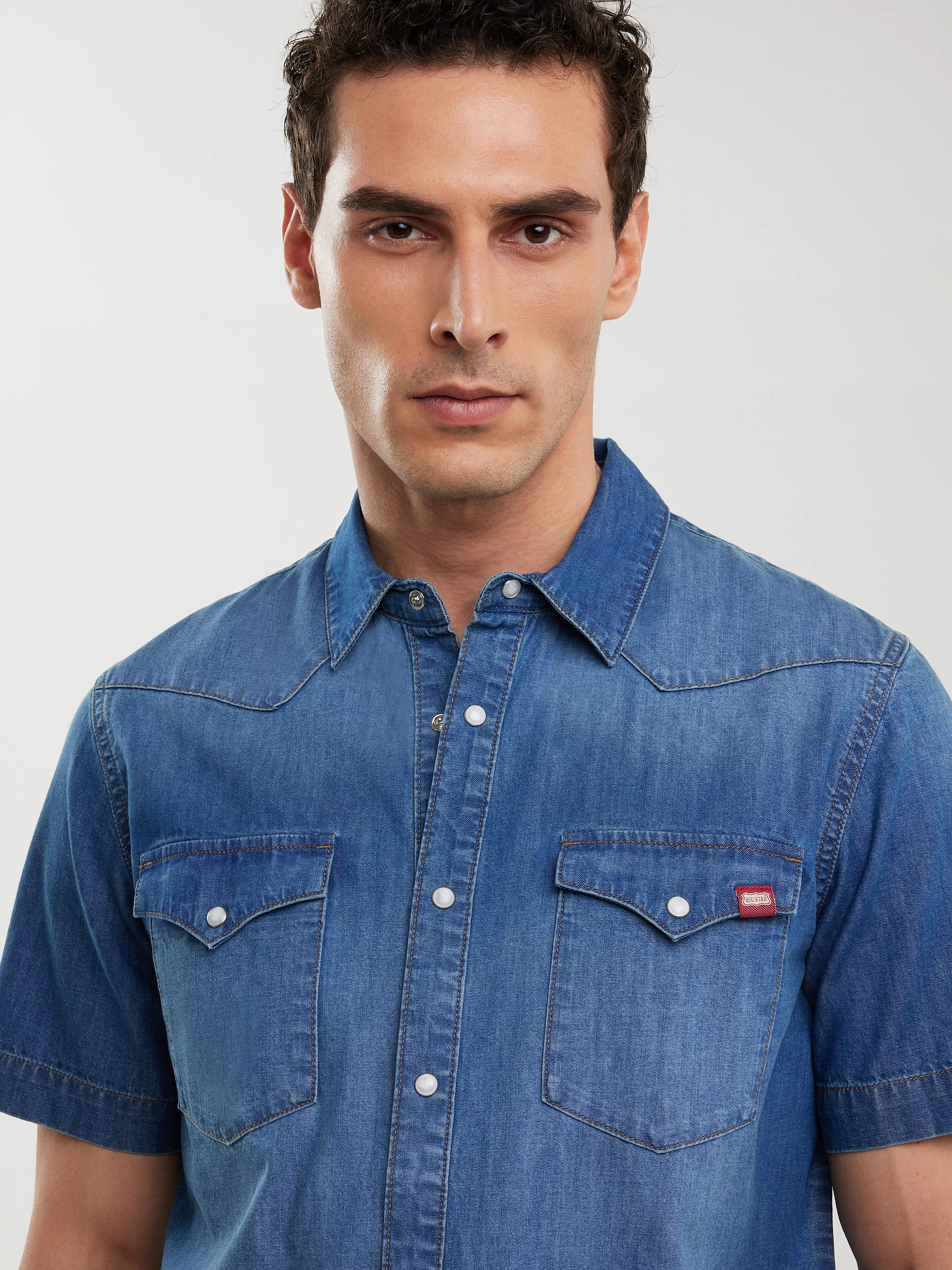 Koszula męska jeansowa z krótkim rękawem niebieska Short Sleeve Western 377