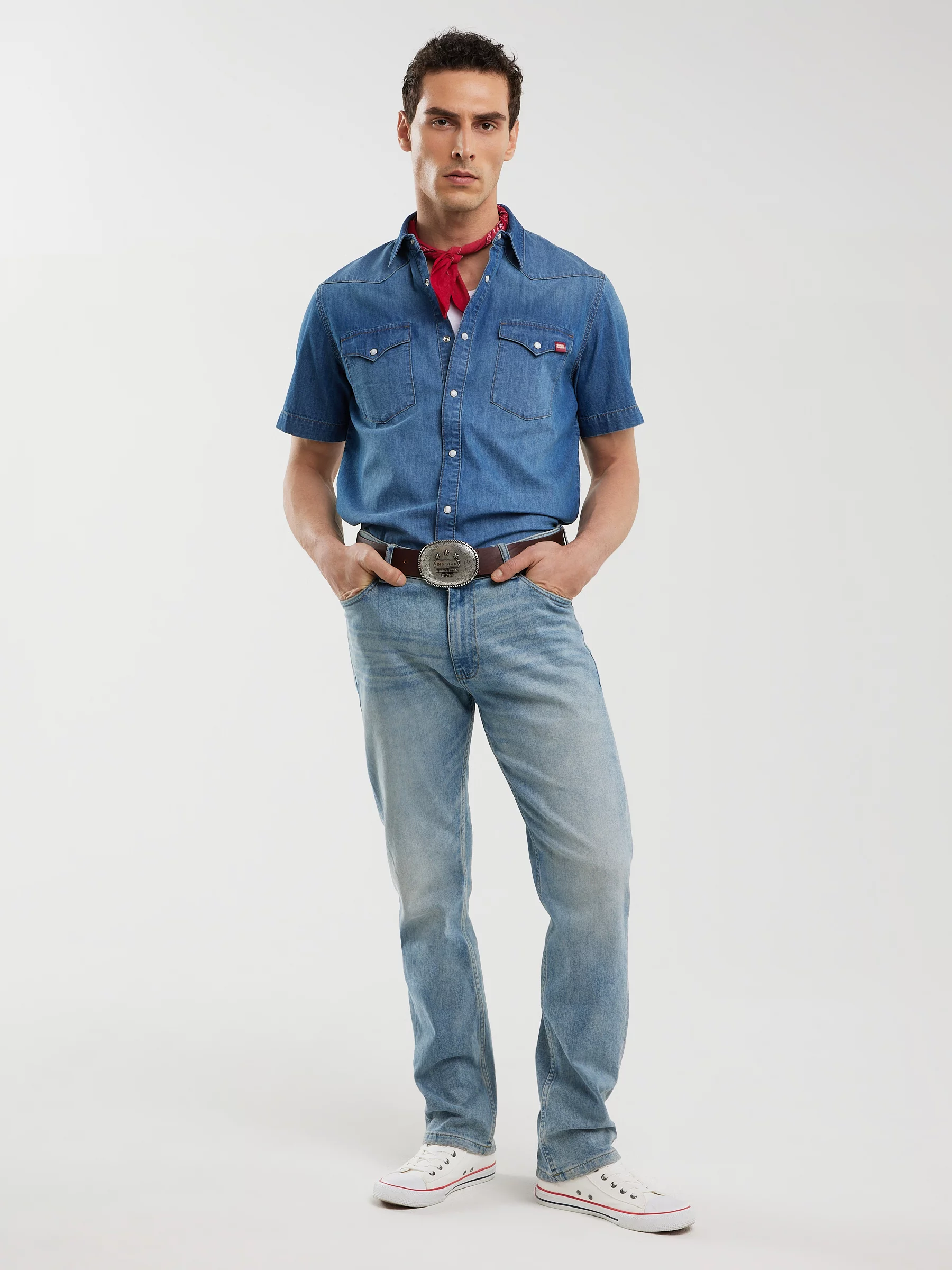 Koszula męska jeansowa z krótkim rękawem niebieska Short Sleeve Western 377