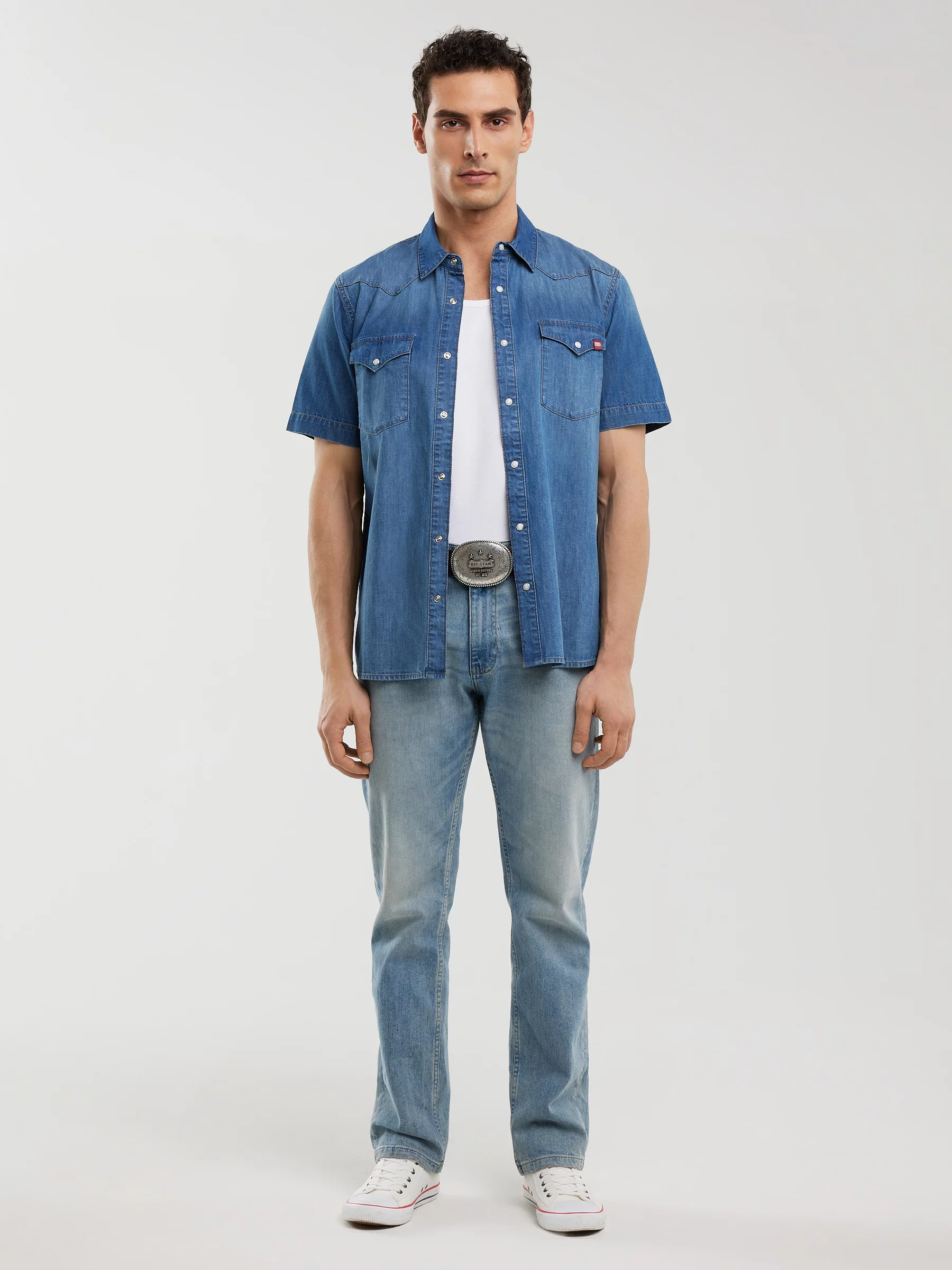 Koszula męska jeansowa z krótkim rękawem niebieska Short Sleeve Western 377
