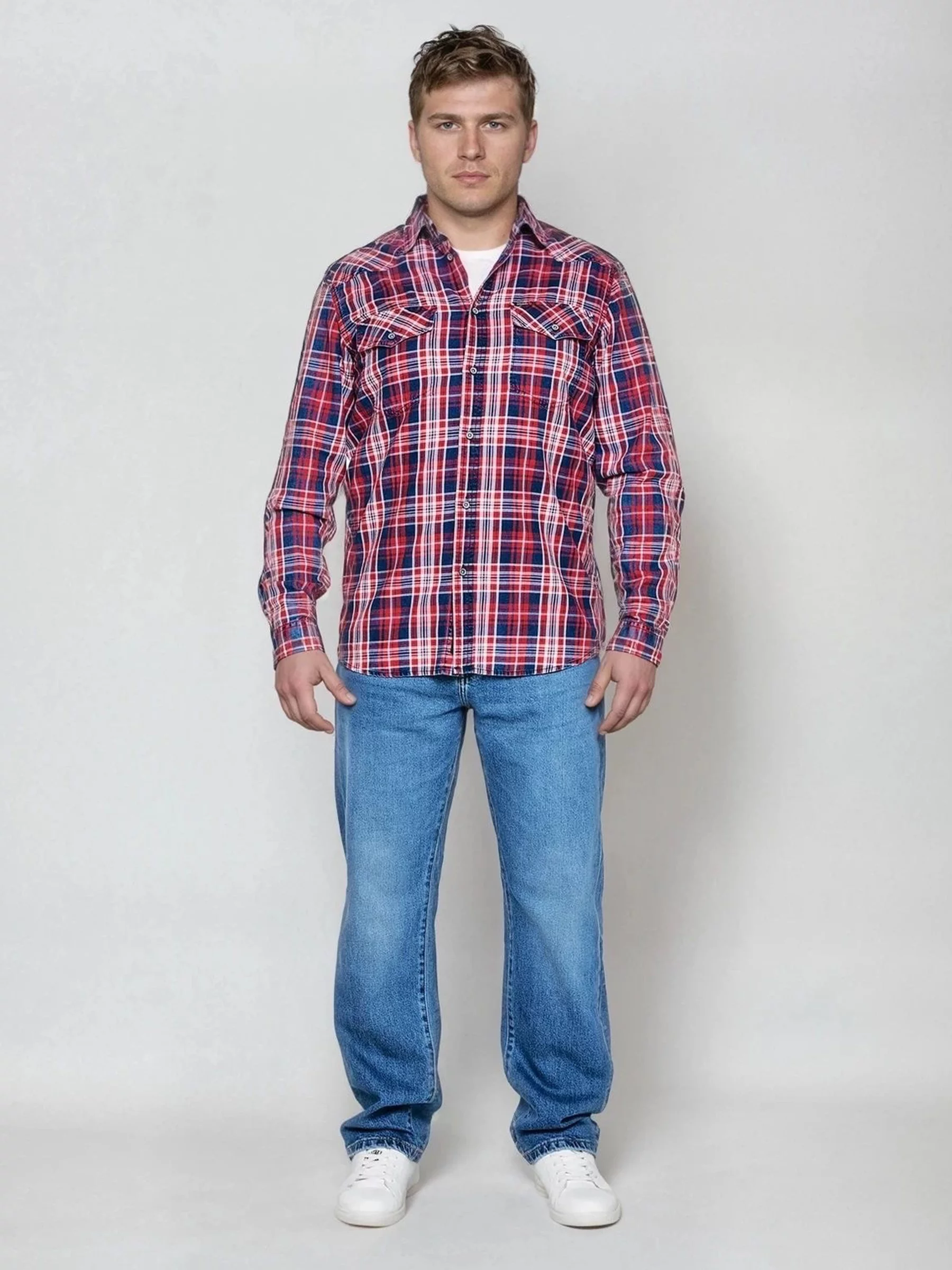 Koszula męska bawełniana w kratę czerwono-granatowa Retinezi 603