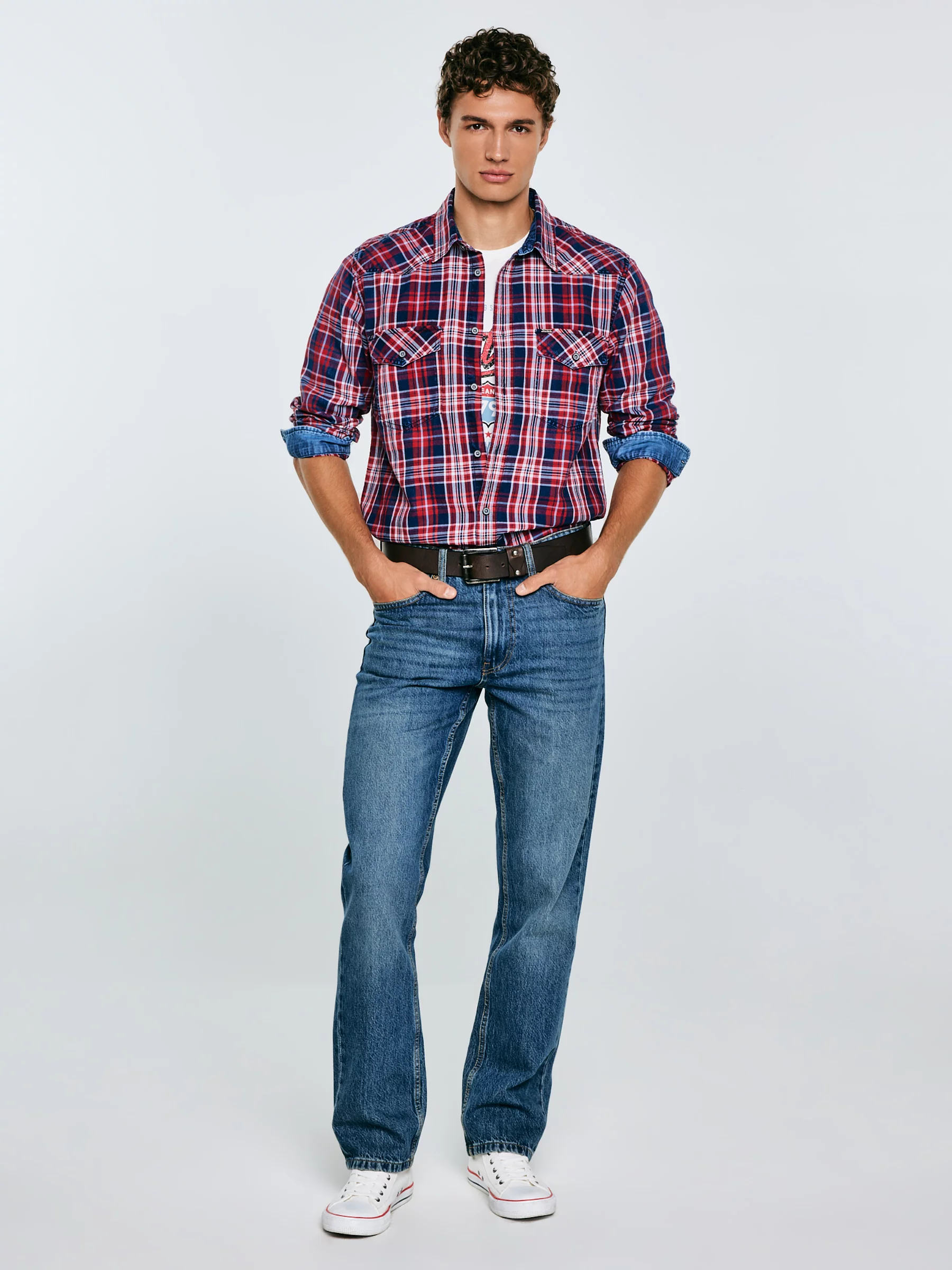 Koszula męska bawełniana w kratę czerwono-granatowa Retinezi 603