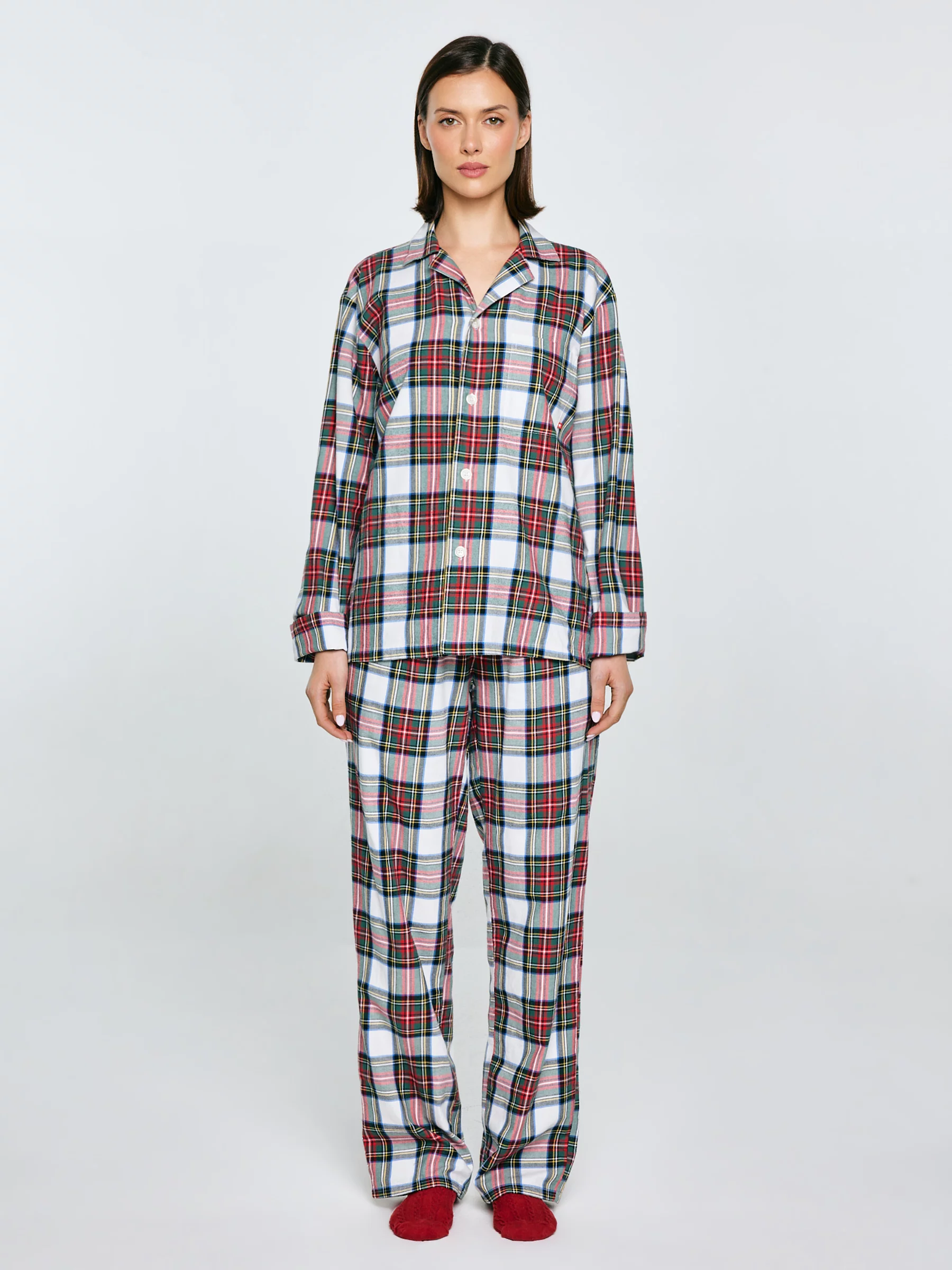 Piżama dwuczęściowa bawełniana w kratę biało-czerwona Senmunis 100