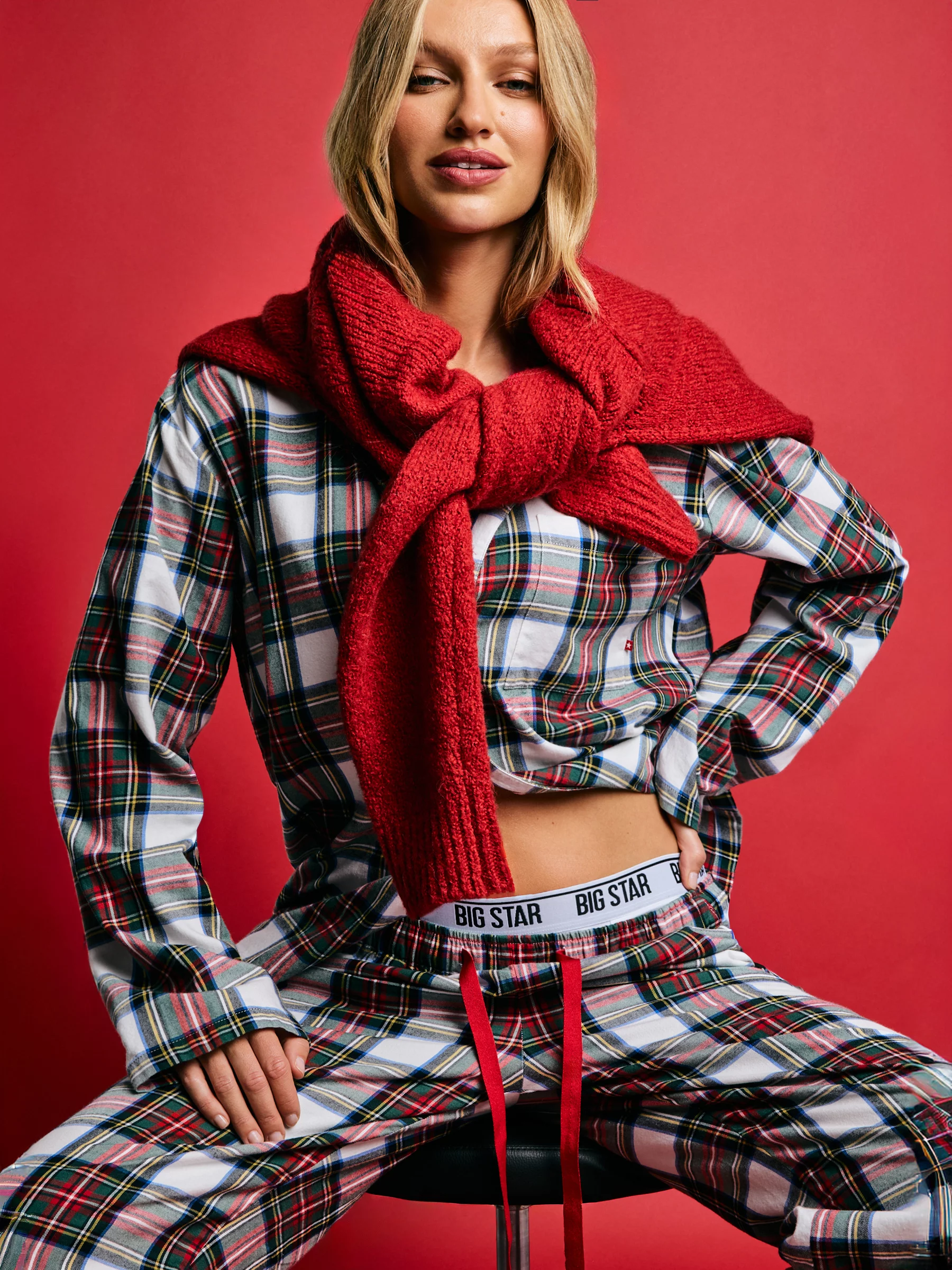 Piżama dwuczęściowa bawełniana w kratę biało-czerwona Senmunis 100