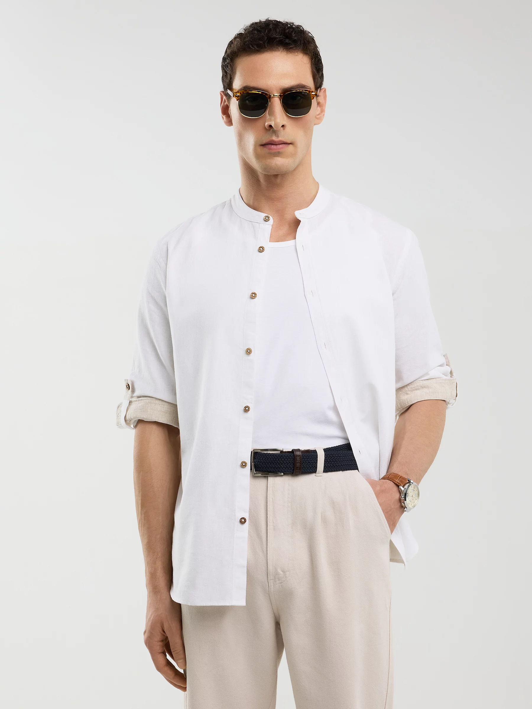 Lniana koszula męska na stójce biała Janew 101