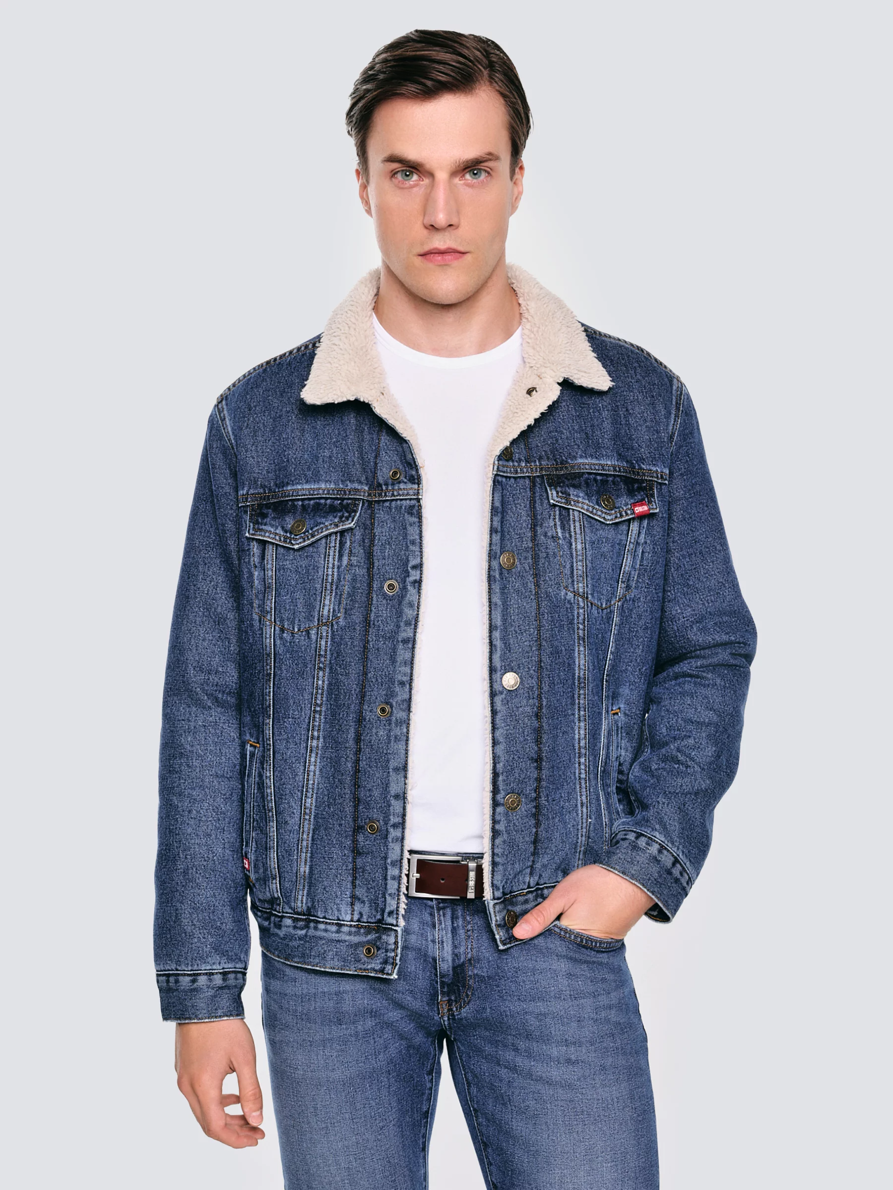 Kurtka męska jeansowa z kożuszkiem niebieska Ruben 353