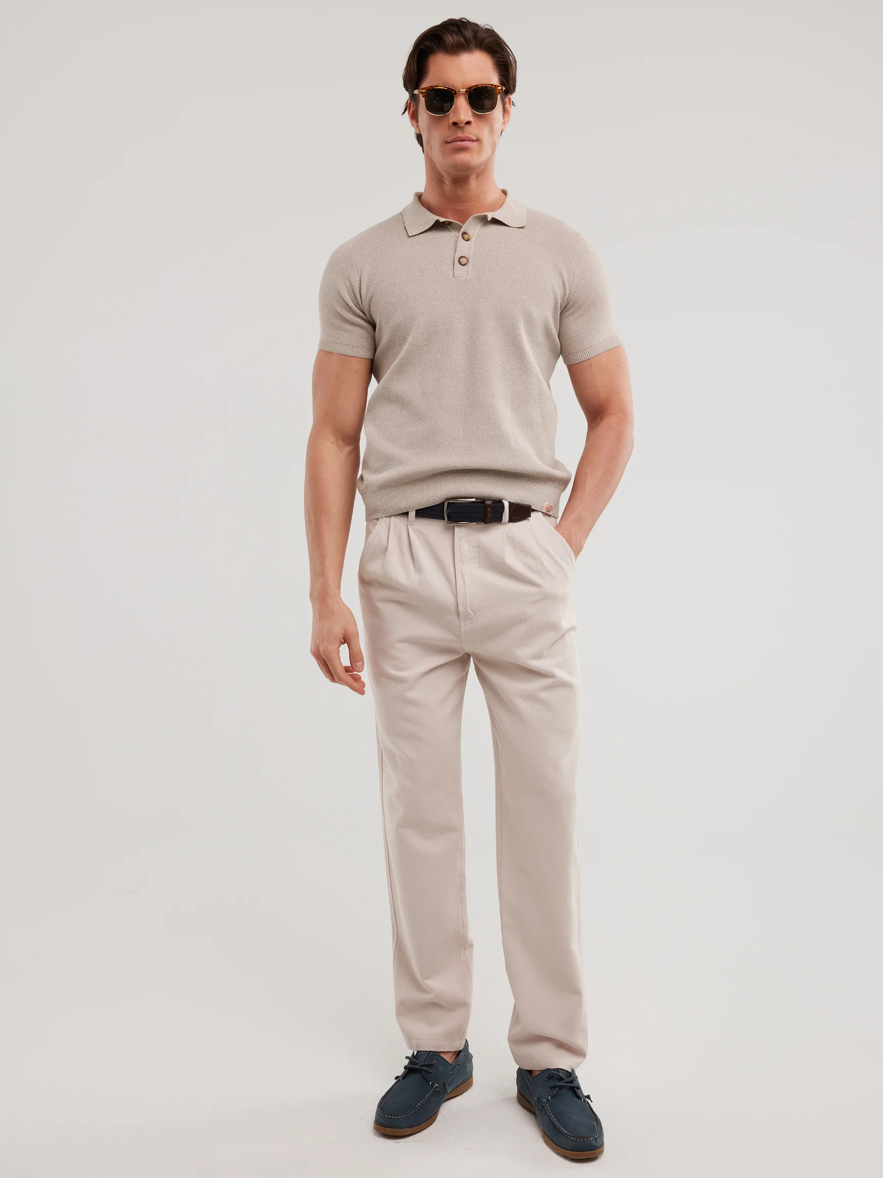 Sweter męski polo z krótkim rękawem beżowy Polonezzo 801