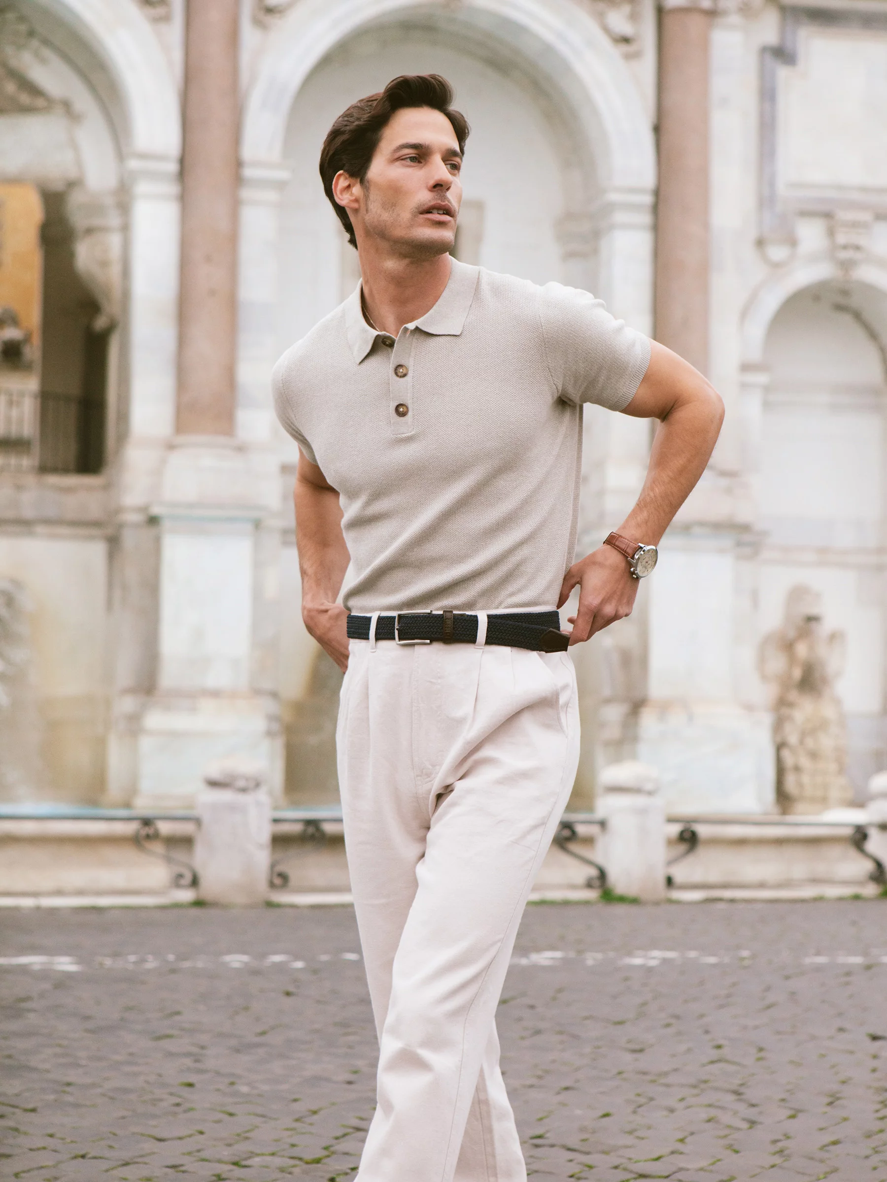 Sweter męski polo z krótkim rękawem beżowy Polonezzo 801