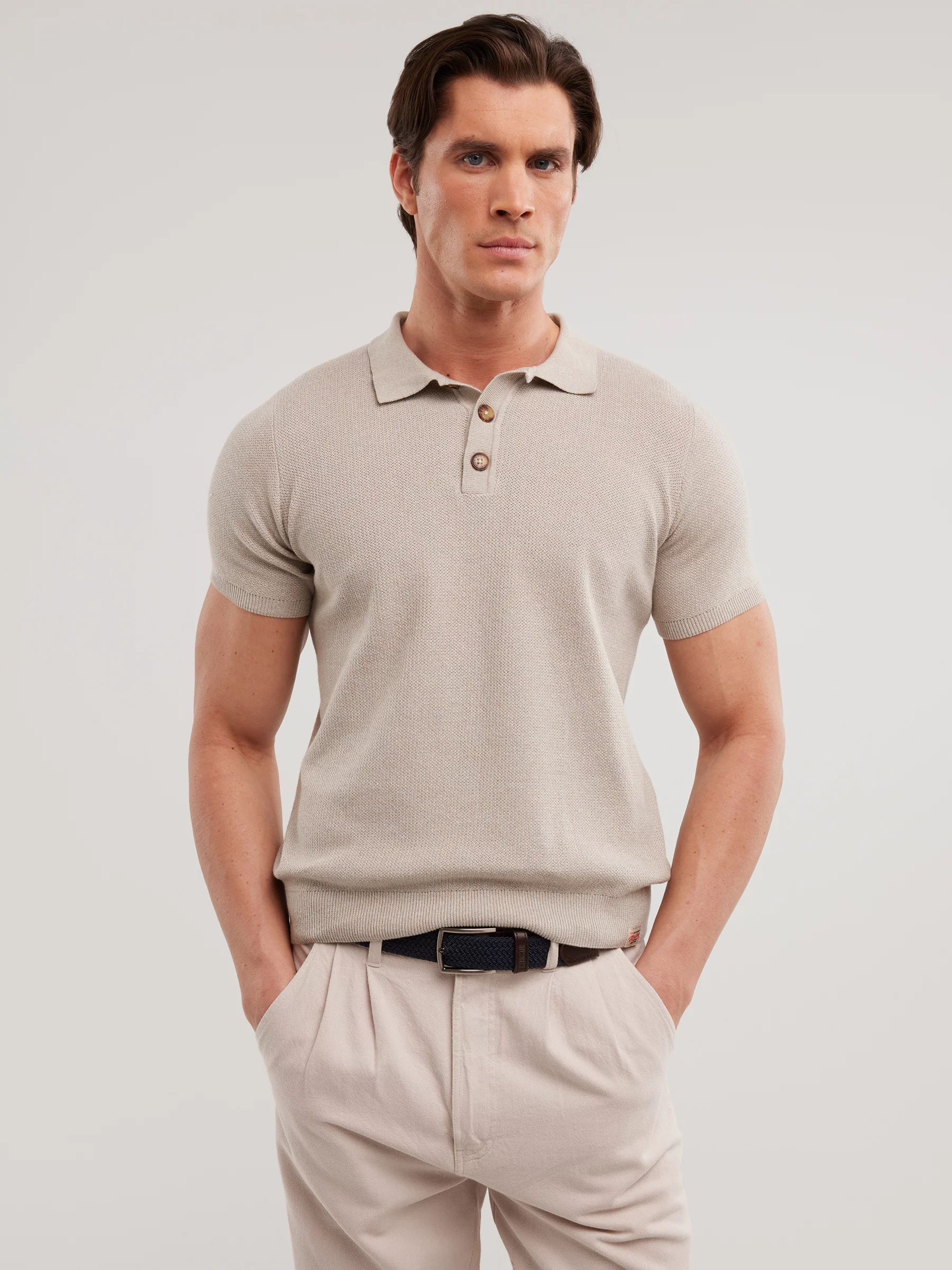 Sweter męski polo z krótkim rękawem beżowy Polonezzo 801